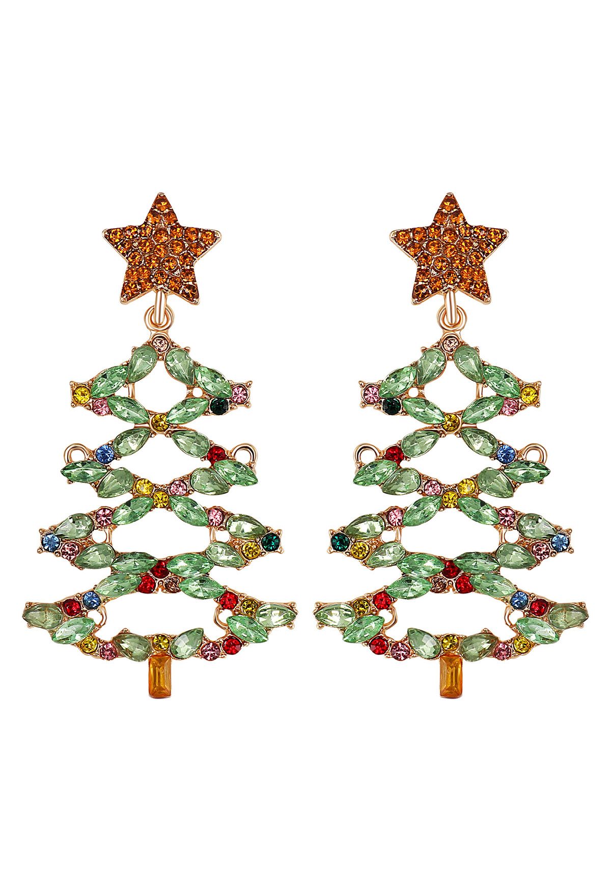 Pendientes ahuecados con diamantes de imitación de árbol de Navidad en verde