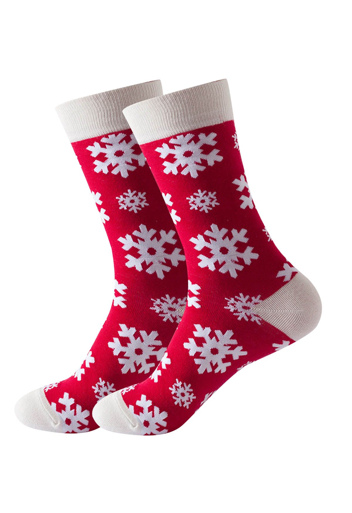 Calcetines navideños de jacquard con vibración en rojo copo de nieve