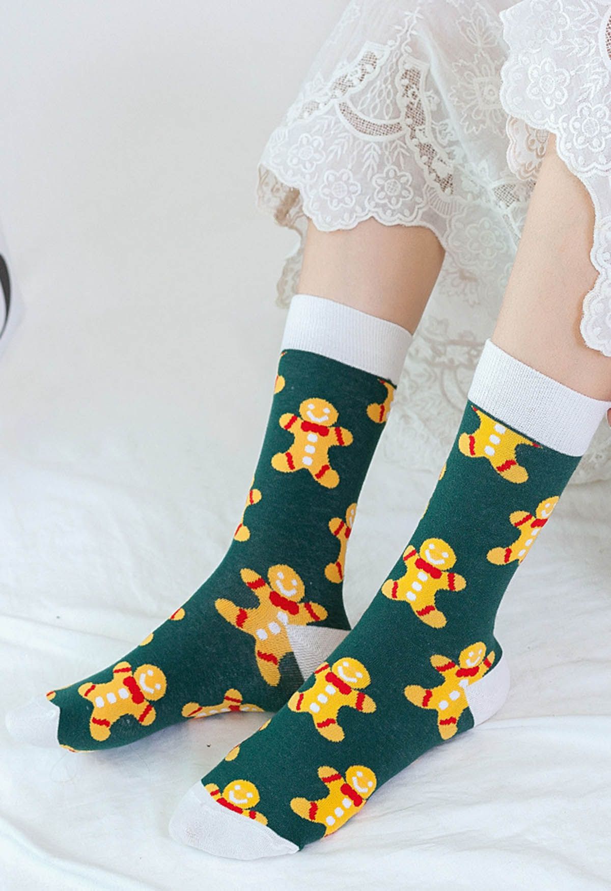 Calcetines navideños de jacquard con vibración en esmeralda