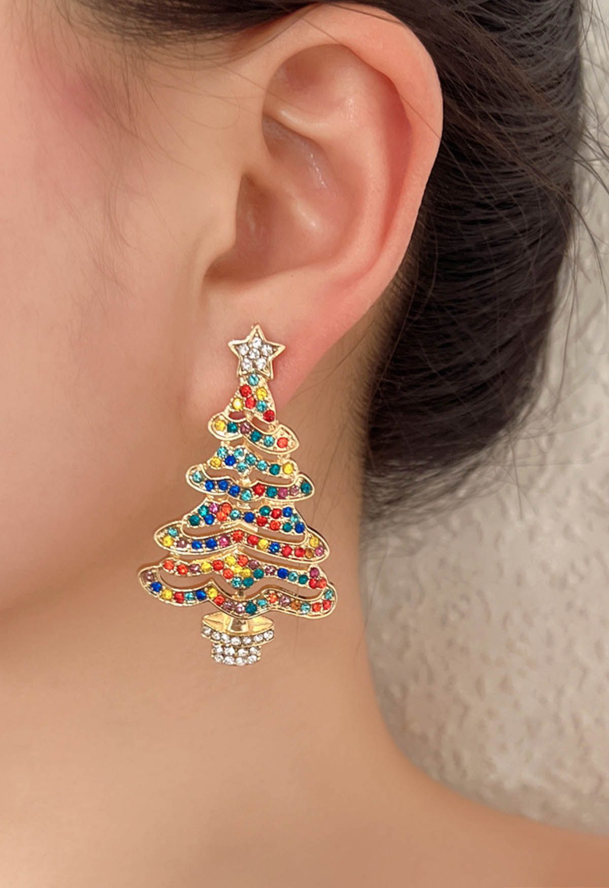 Pendientes de árbol de Navidad con diamantes de imitación de colores