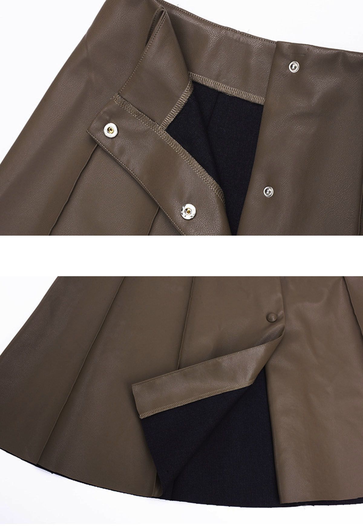 Falda midi de cuero sintético con botones en la parte delantera en marrón