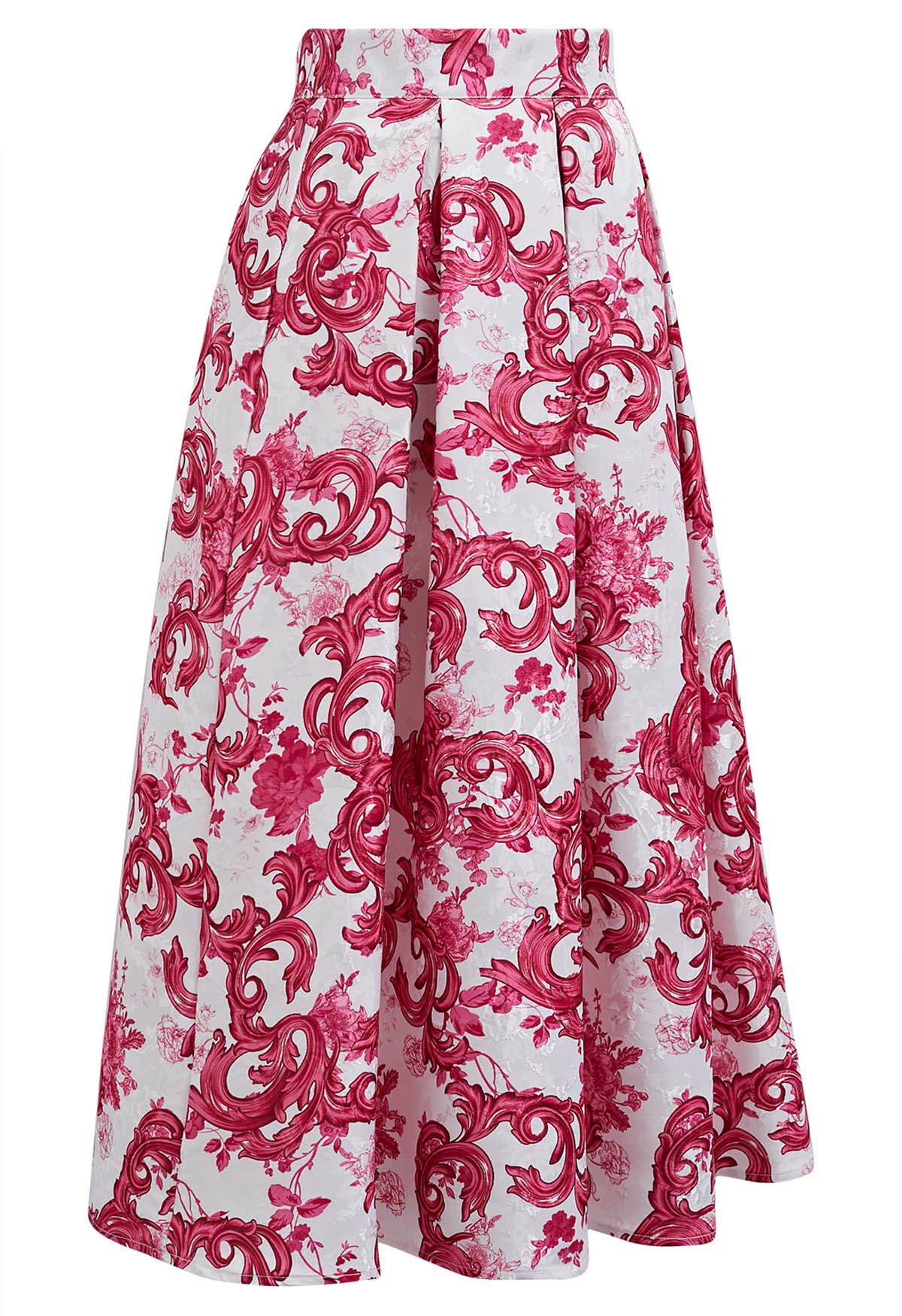 Falda midi plisada de jacquard con flores de color rojo vibrante