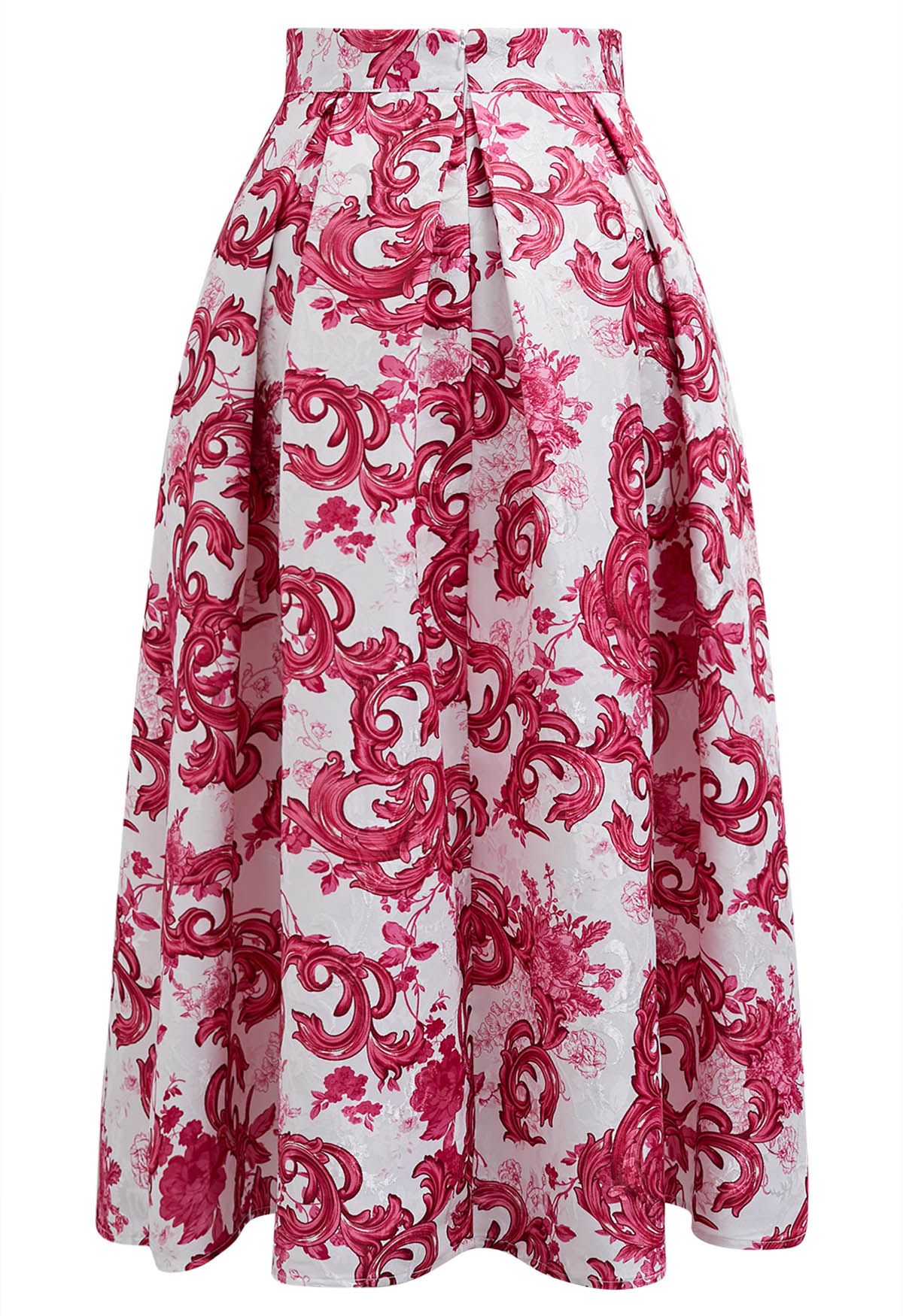 Falda midi plisada de jacquard con flores de color rojo vibrante