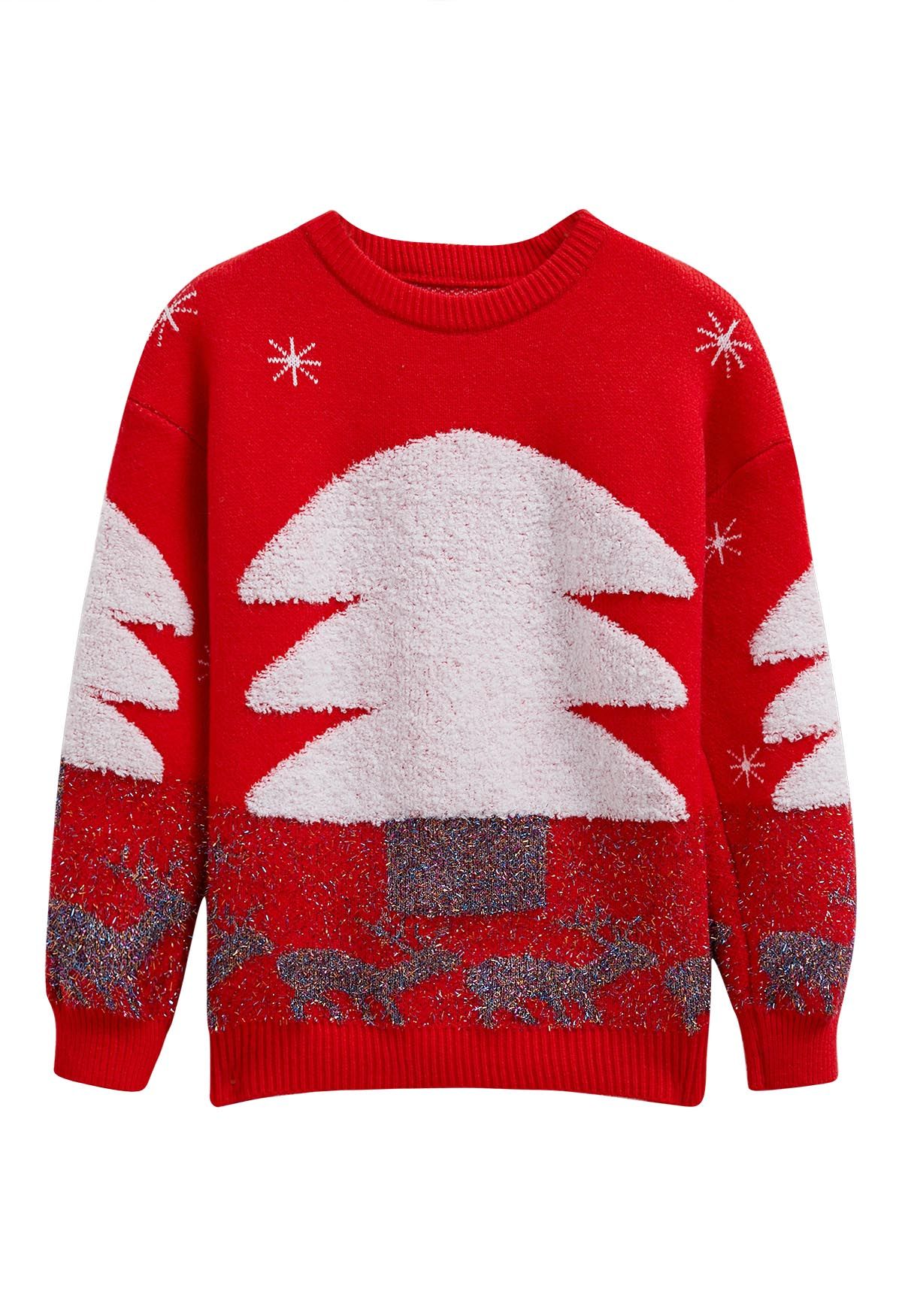 Suéter de punto jacquard con alce y árbol de Navidad alegre en rojo