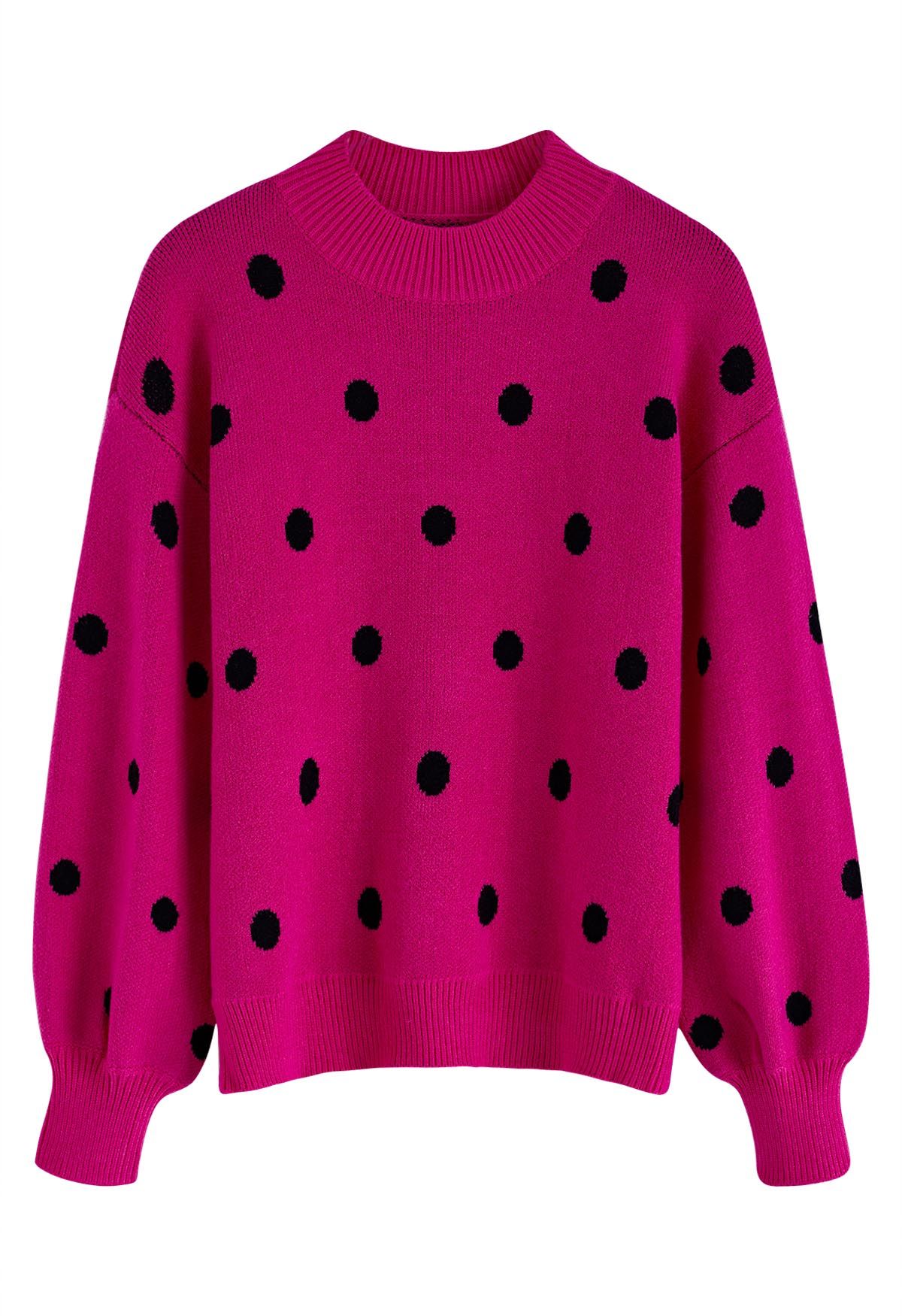 Adorable suéter de punto con cuello simulado y lunares en rosa fuerte