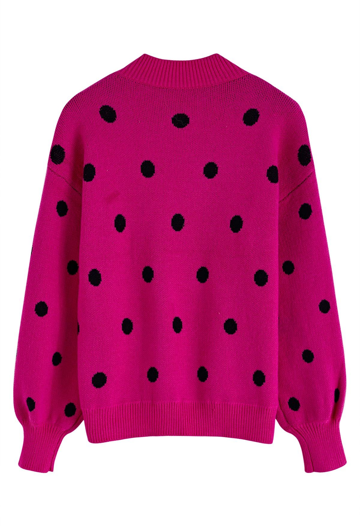 Adorable suéter de punto con cuello simulado y lunares en rosa fuerte