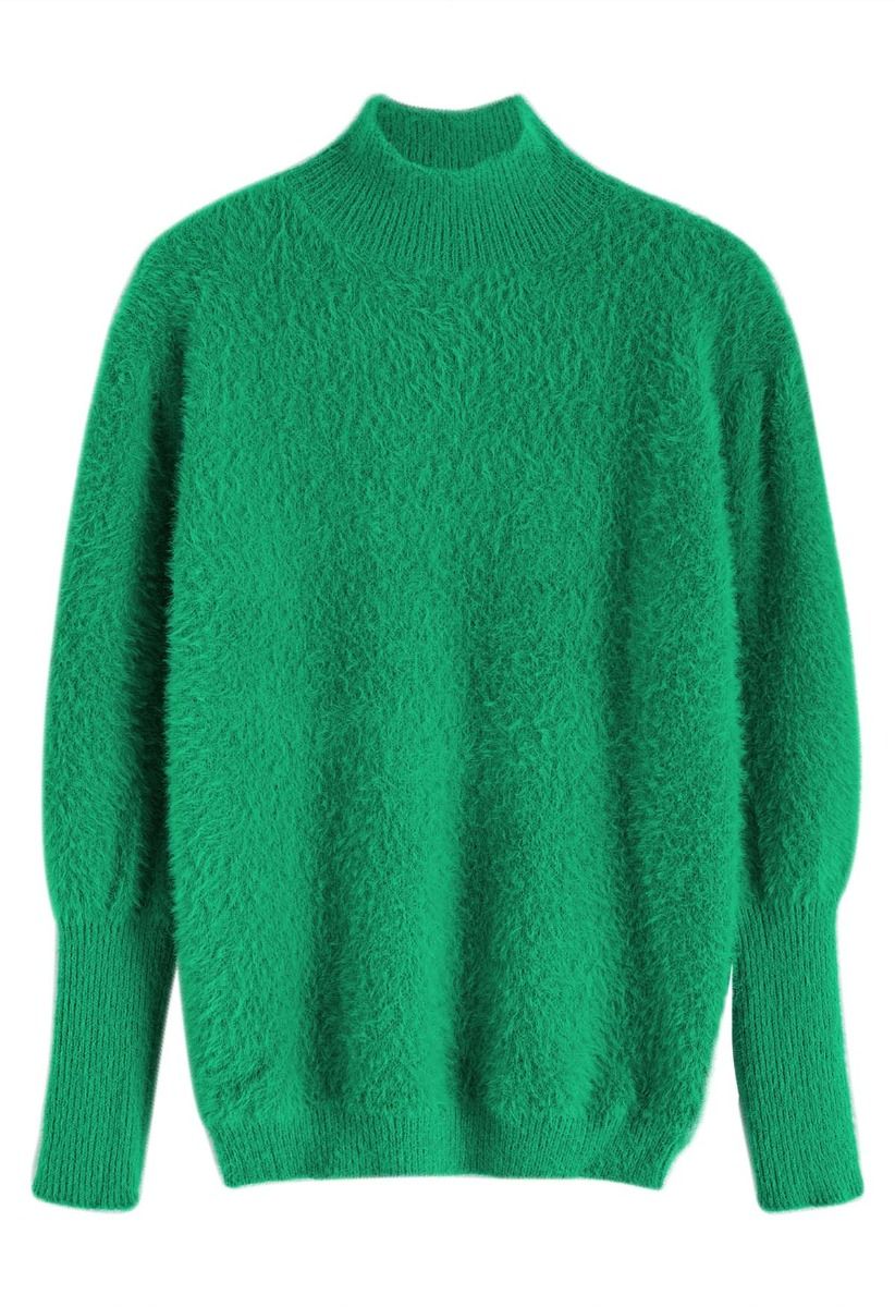 Jersey de punto borroso con cuello alto en verde de Cozy Perfection