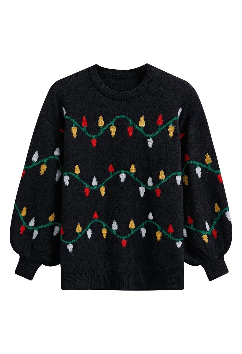 Suéter de punto con estampado de luces de colores navideños