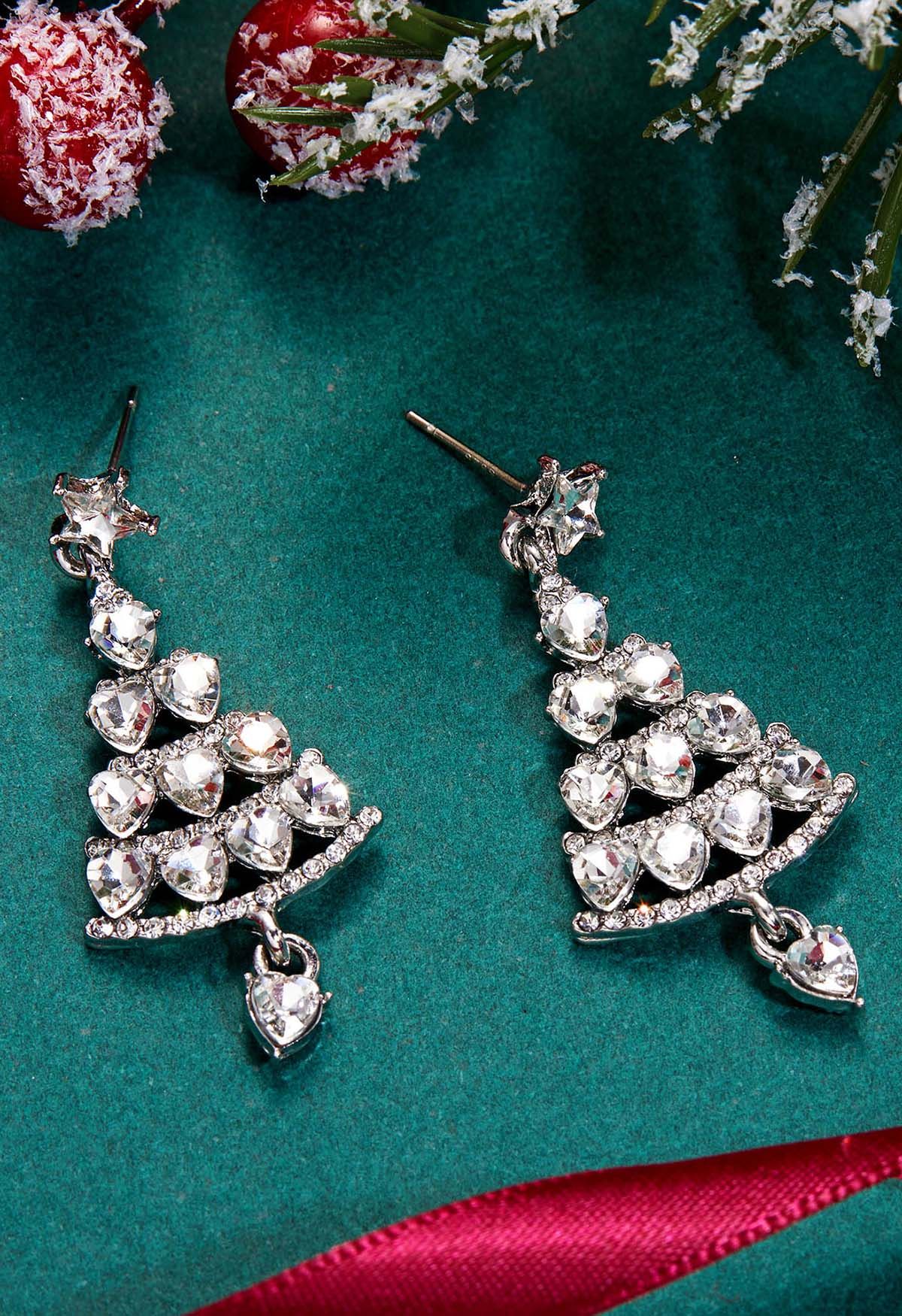 Pendientes de árbol de Navidad con diamantes de imitación en plata