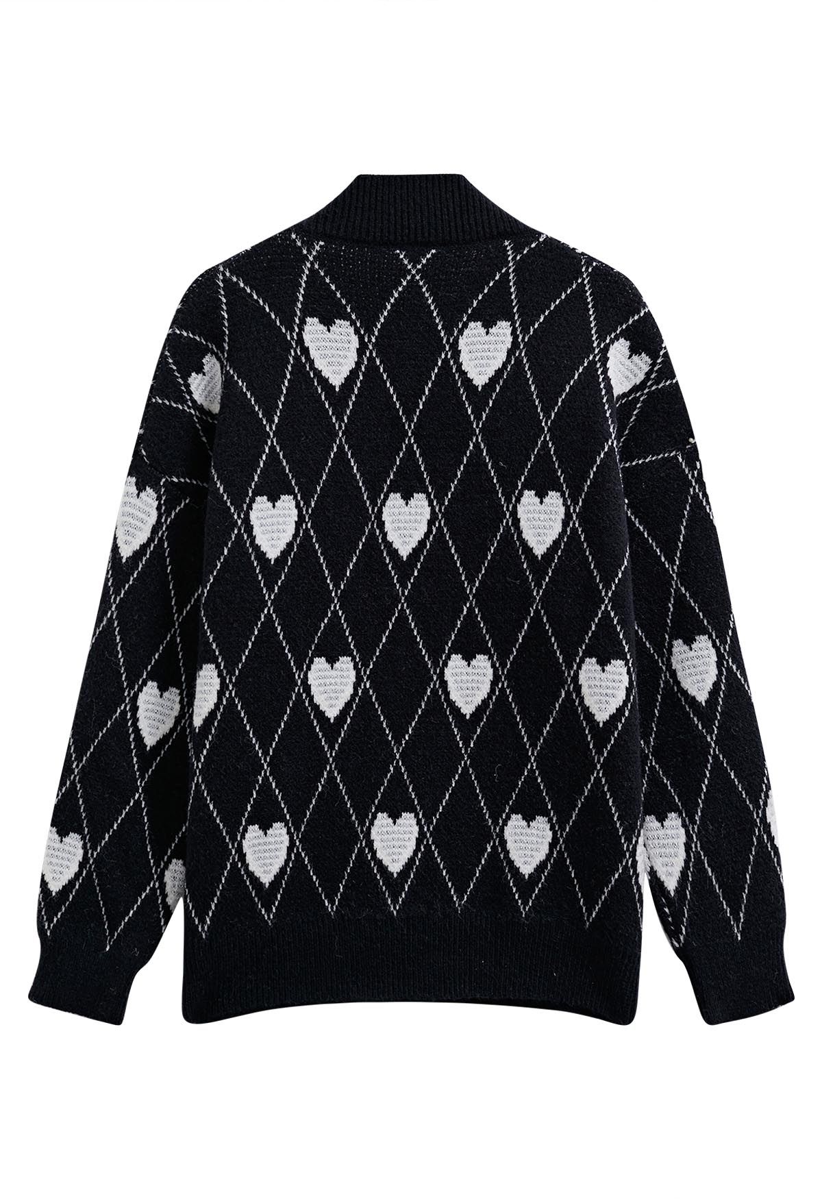 Cárdigan con botones y patrón de corazón en forma de diamante en negro