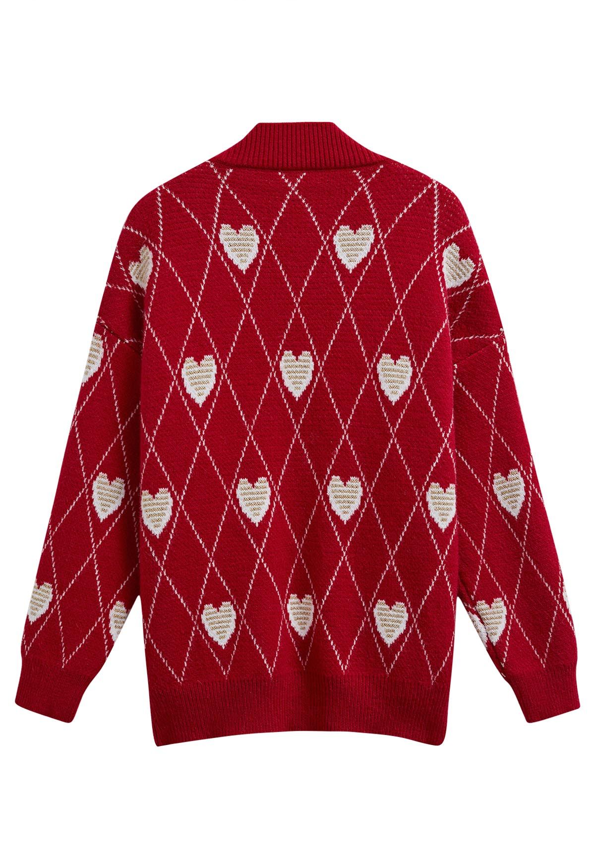 Cárdigan con botones y patrón de corazón en forma de diamante en rojo