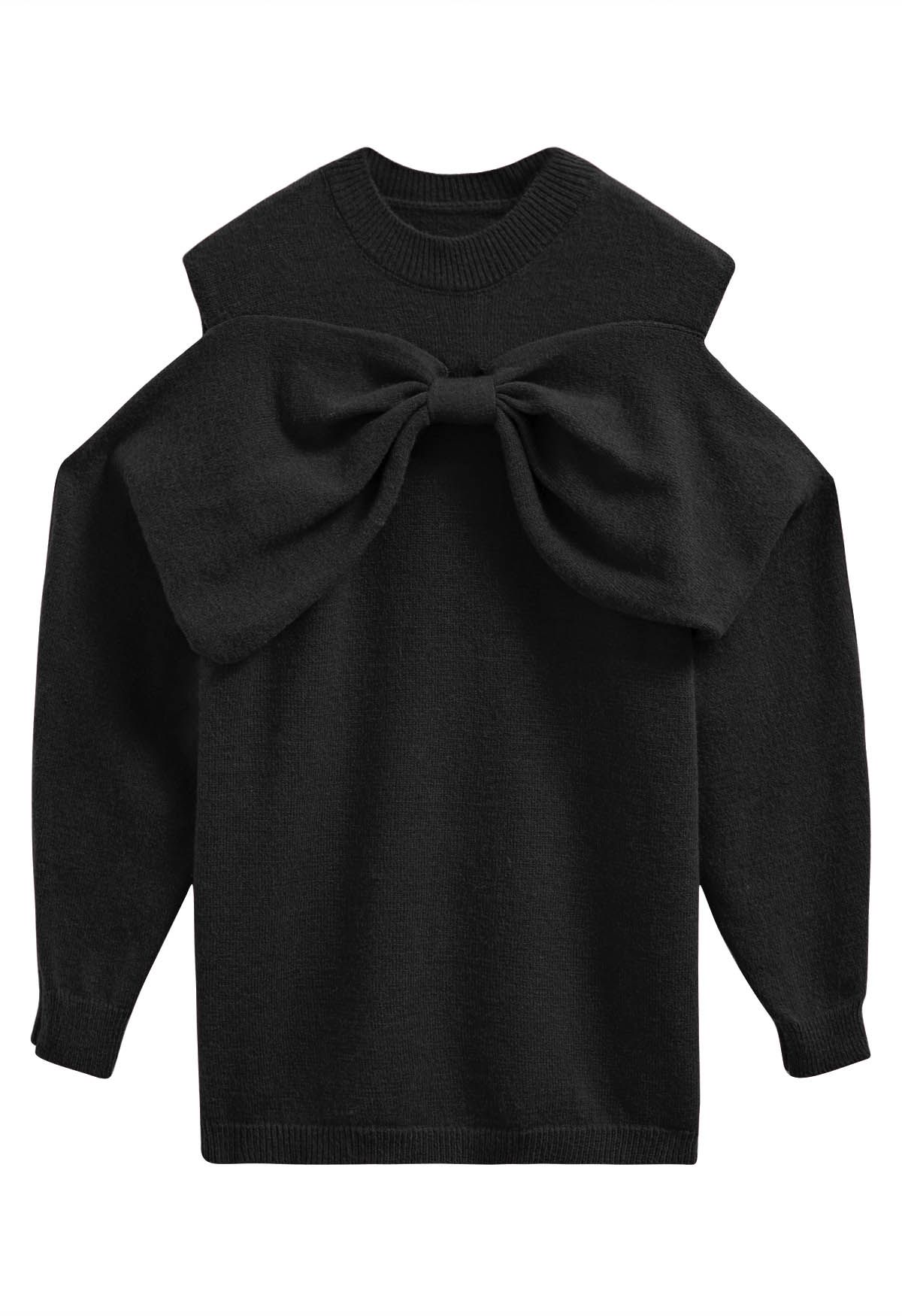 Suéter de punto con hombros descubiertos y lazo en negro