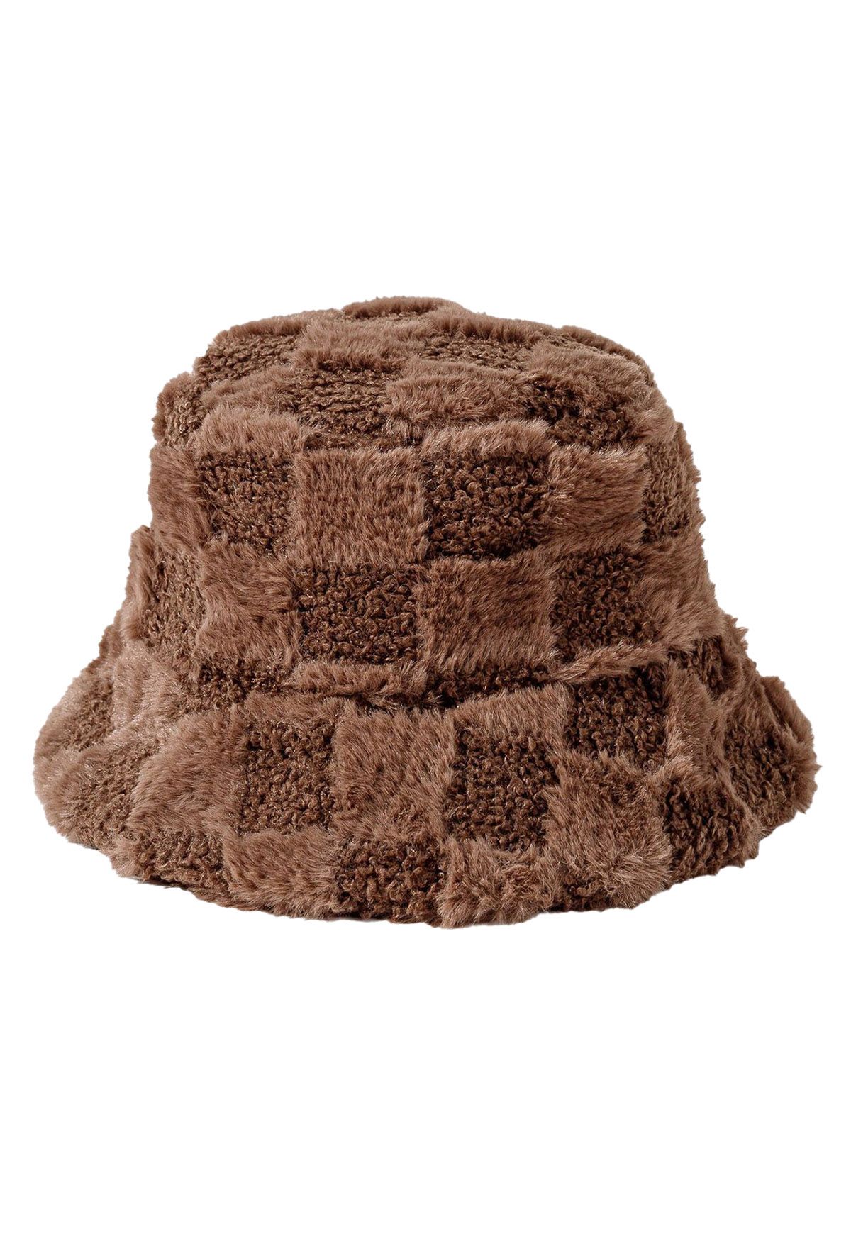 Sombrero de pescador borroso a cuadros en marrón