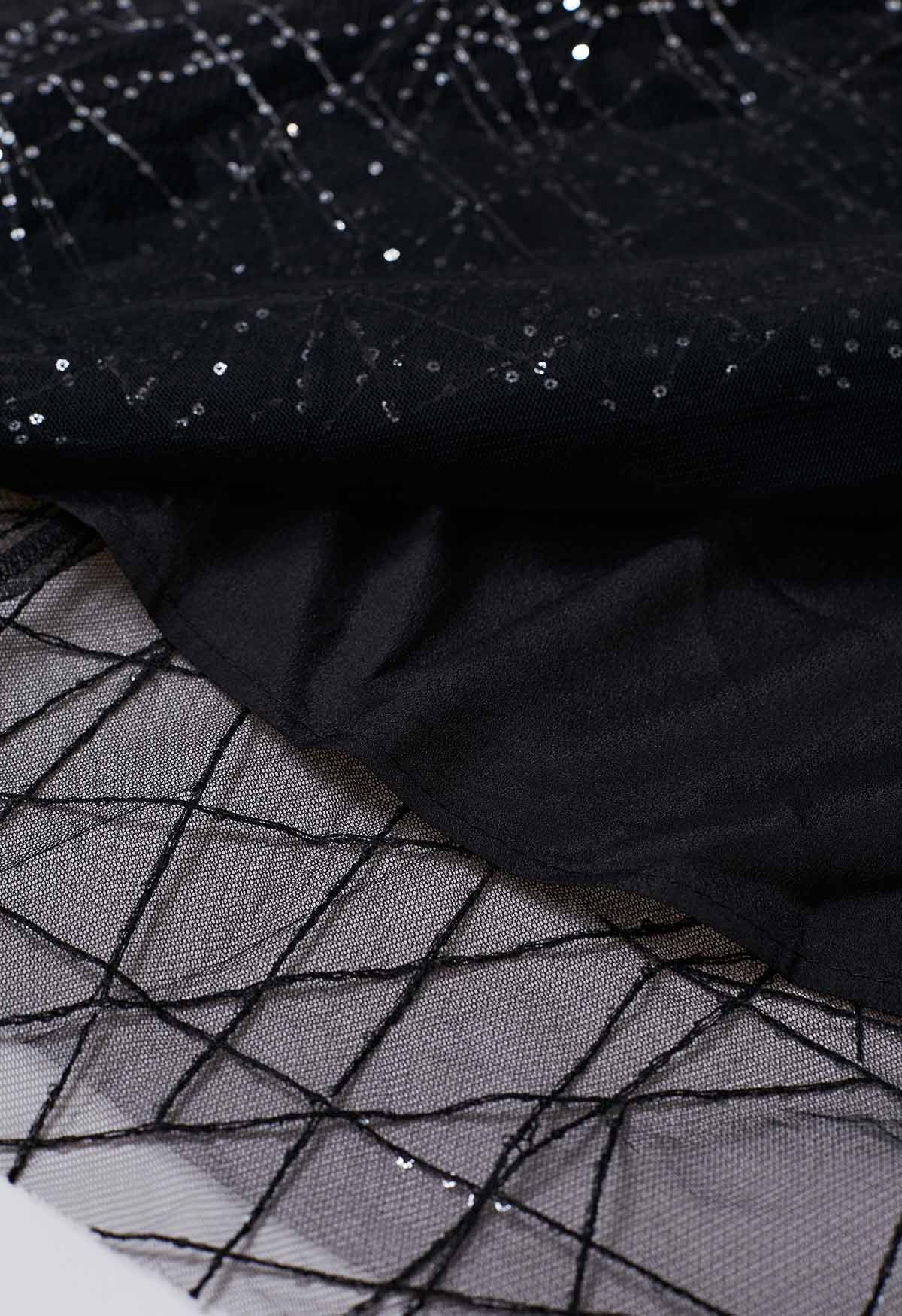 Falda midi de tul de malla de doble capa con bordado de lentejuelas en negro