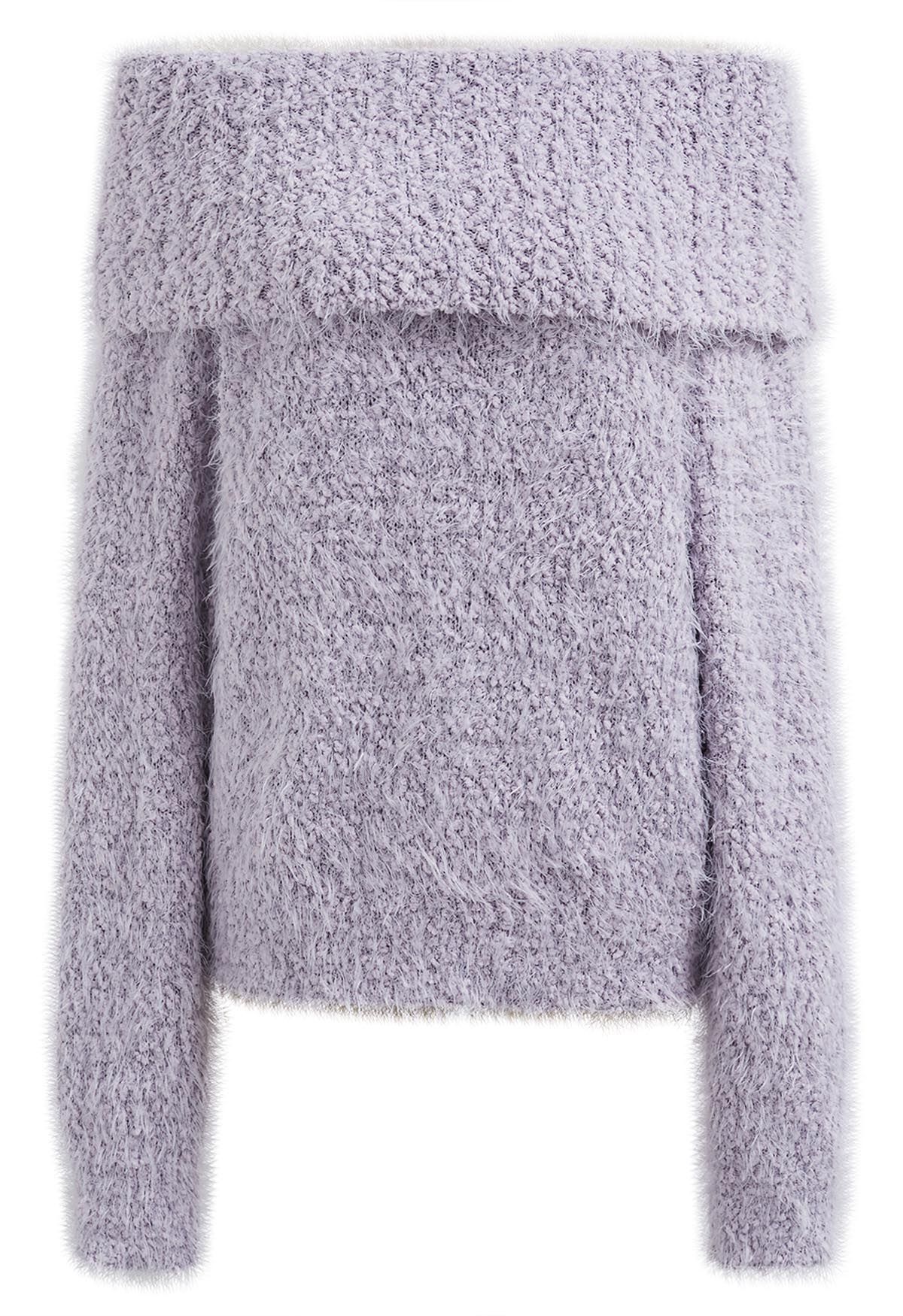 Suéter de punto borroso con hombros descubiertos doblado en lavanda