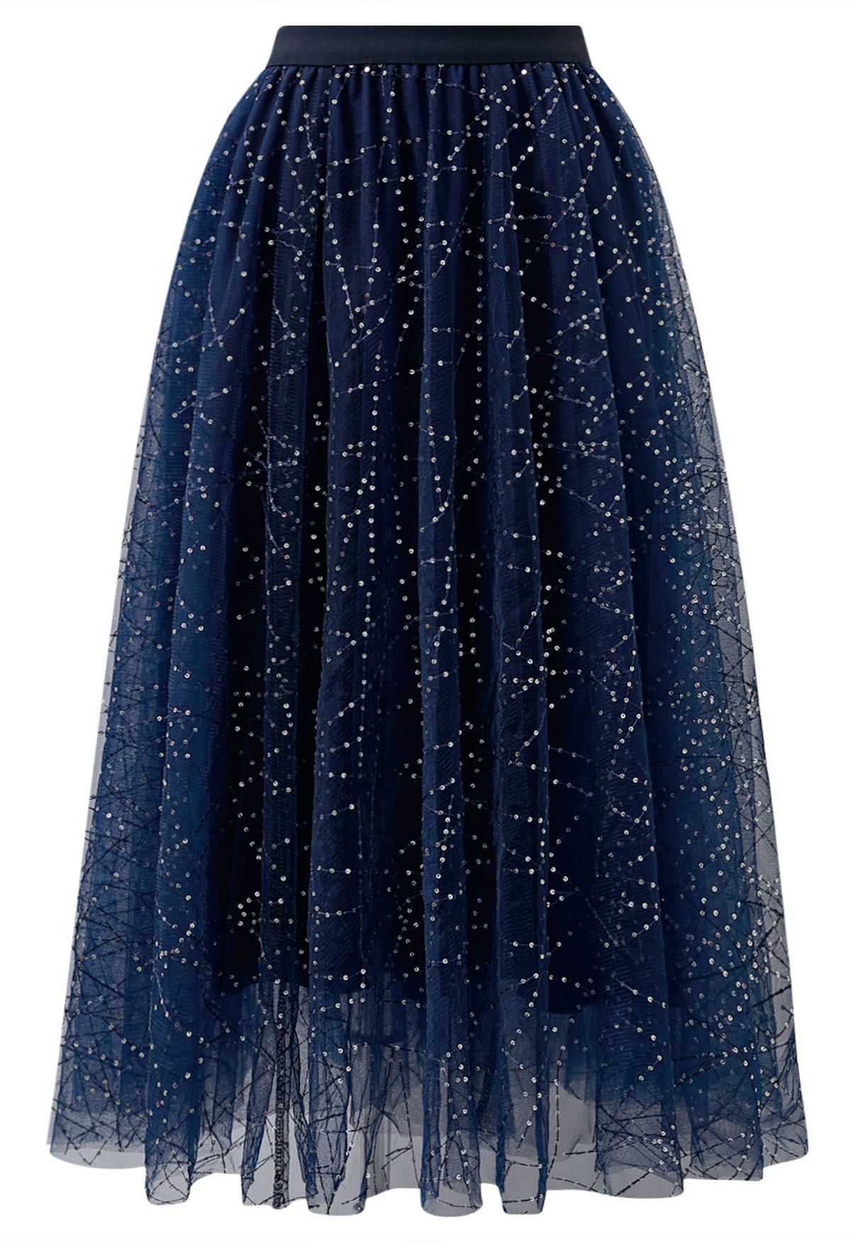 Falda midi de tul de malla de doble capa con bordado de lentejuelas en azul marino