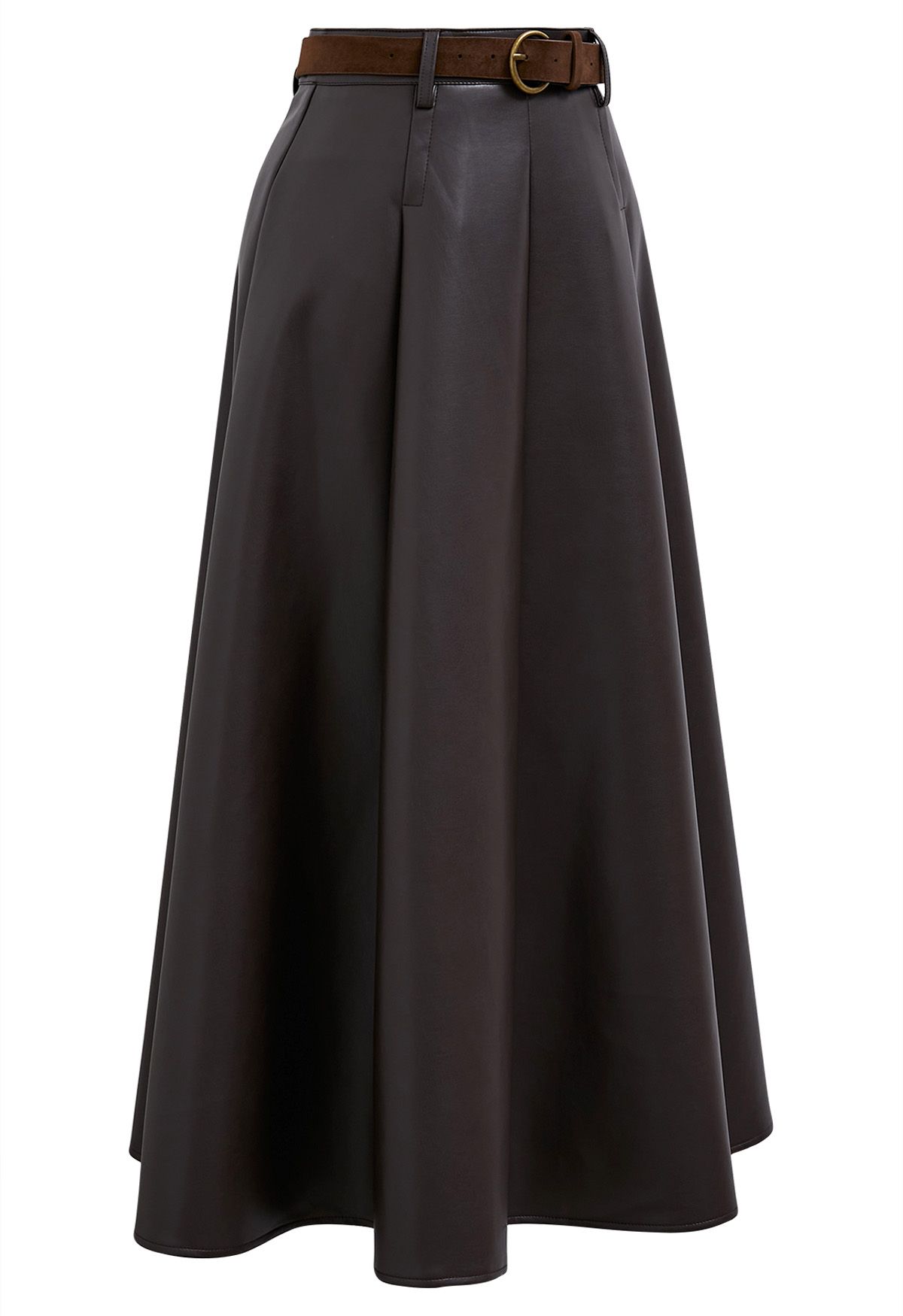 Falda larga de corte A con cinturón de cuero sintético en marrón