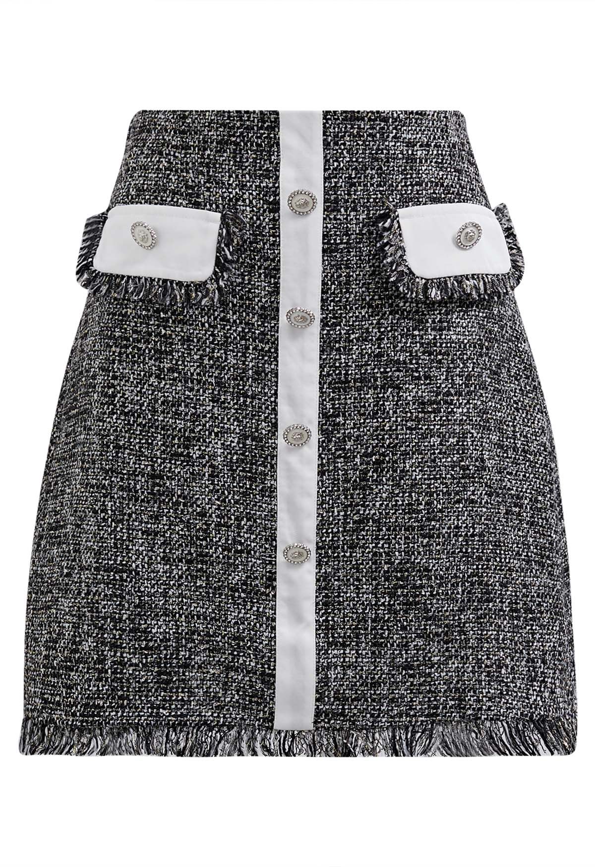 Minifalda Bud de tweed con ribete de flecos y botones