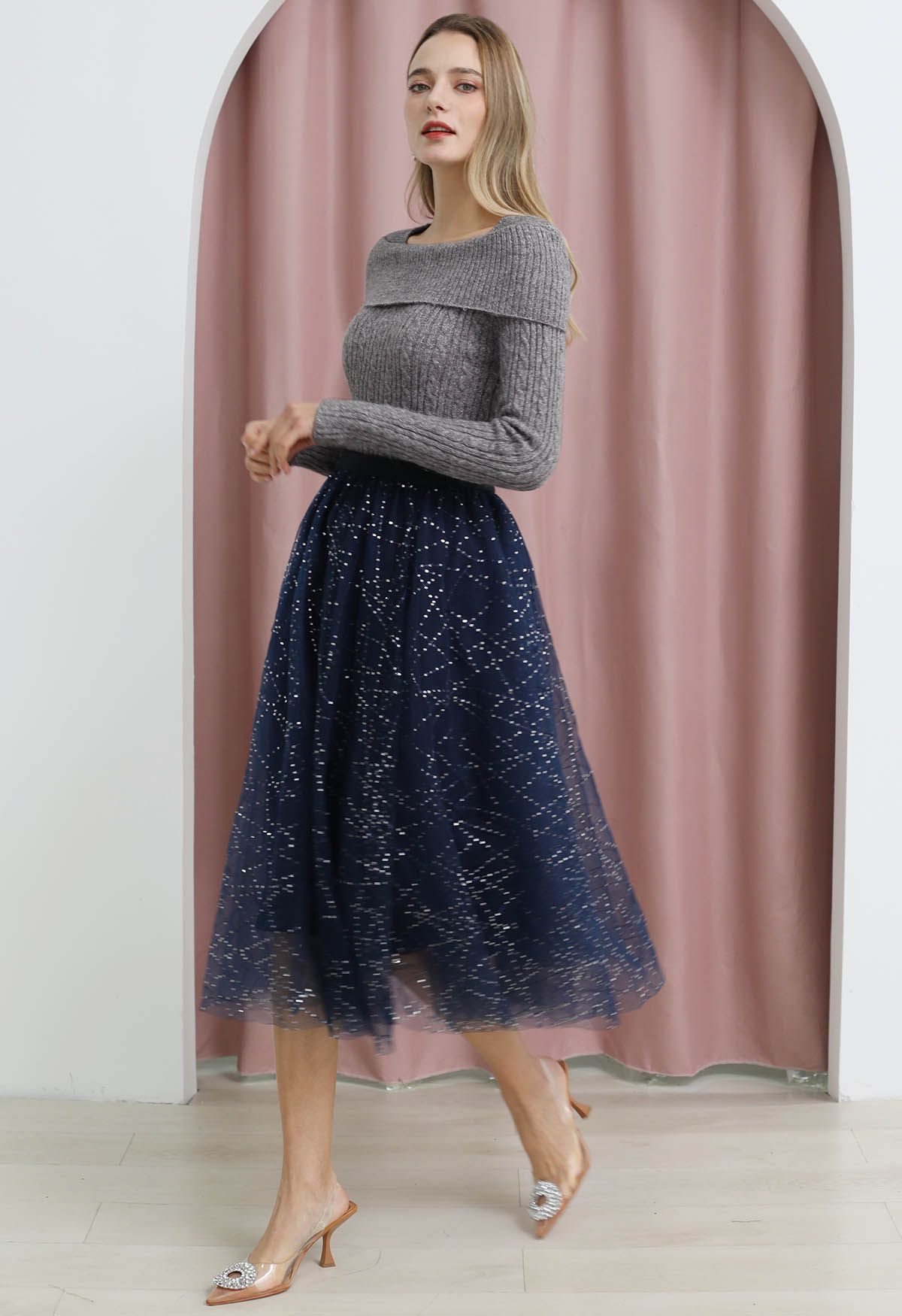 Falda midi de tul de malla de doble capa con bordado de lentejuelas en azul marino