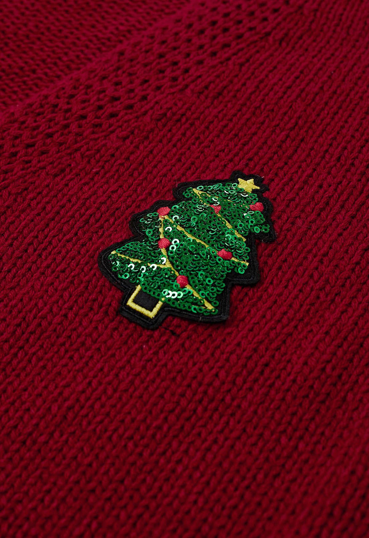 Cárdigan con botones y parche de árbol de Navidad con lentejuelas en rojo