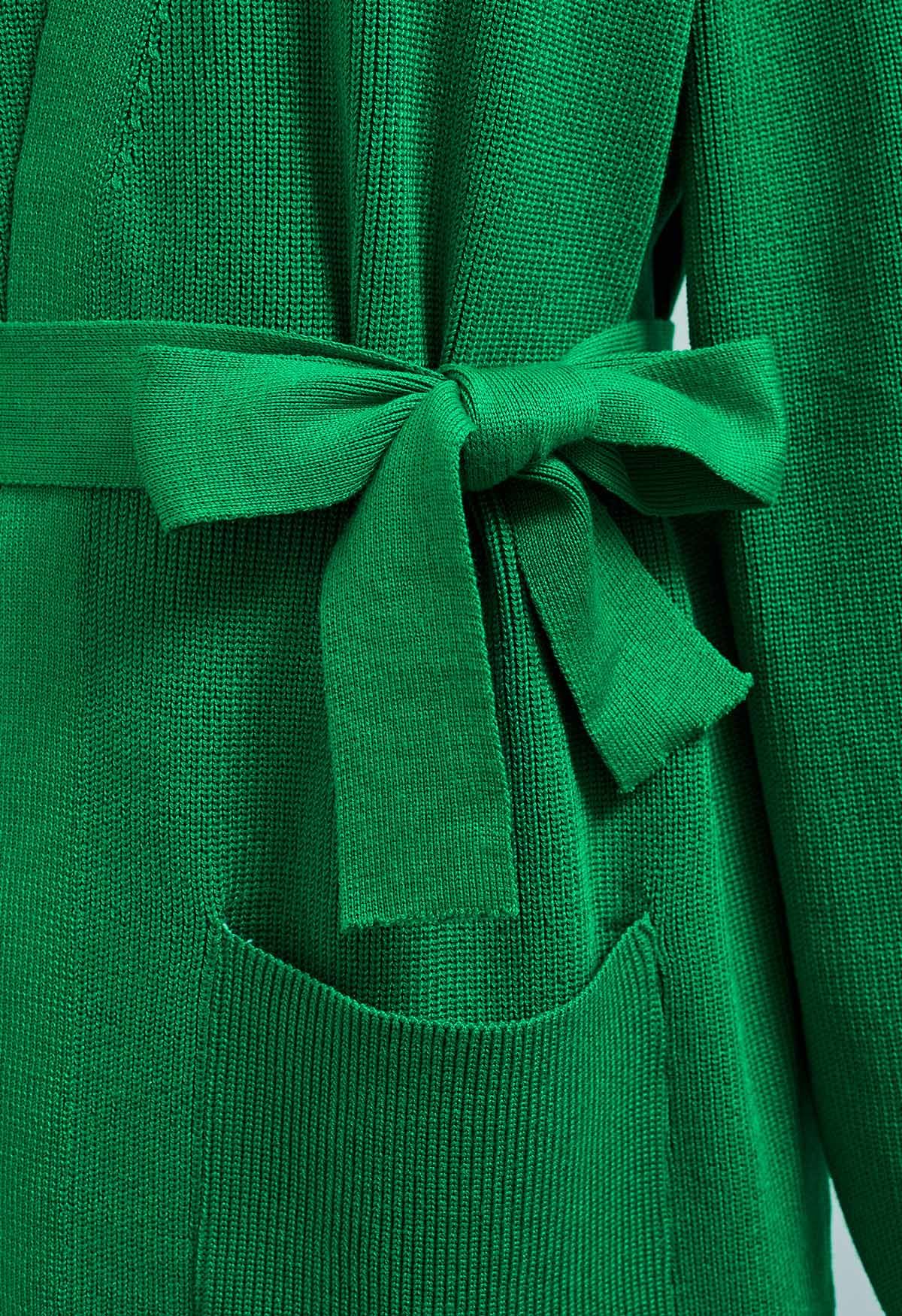Conjunto de cárdigan y pantalón de punto con lazo en la cintura en verde