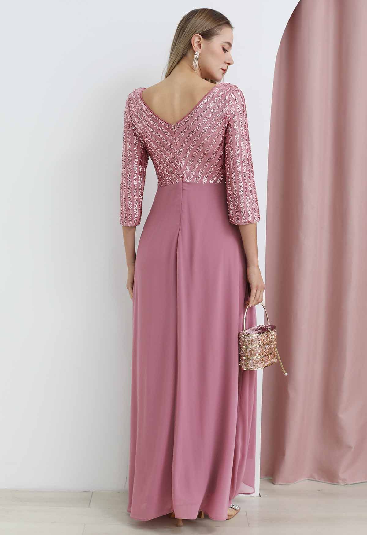Exquisito vestido largo de gasa con cuello en V y lentejuelas en rosa polvoriento