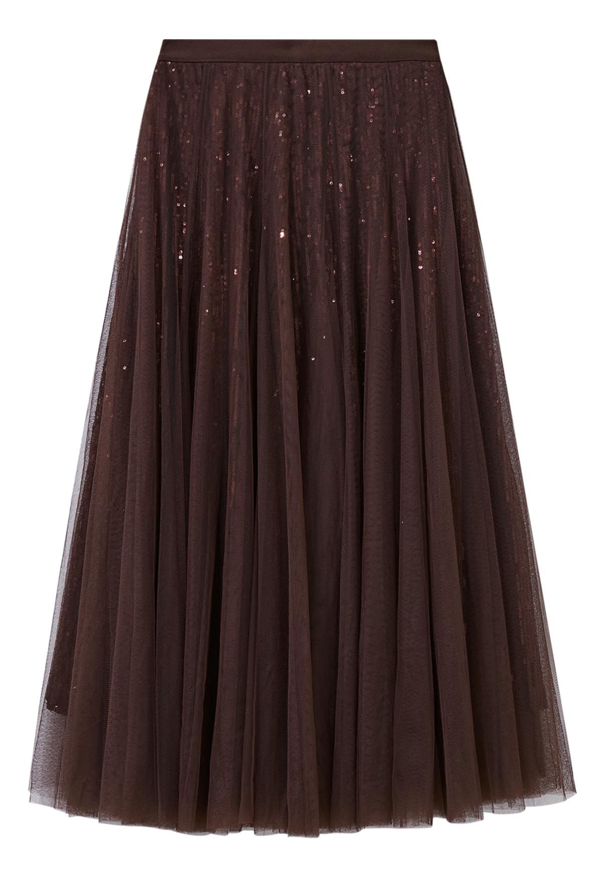 Falda midi de tul y malla con lentejuelas deslumbrantes en marrón