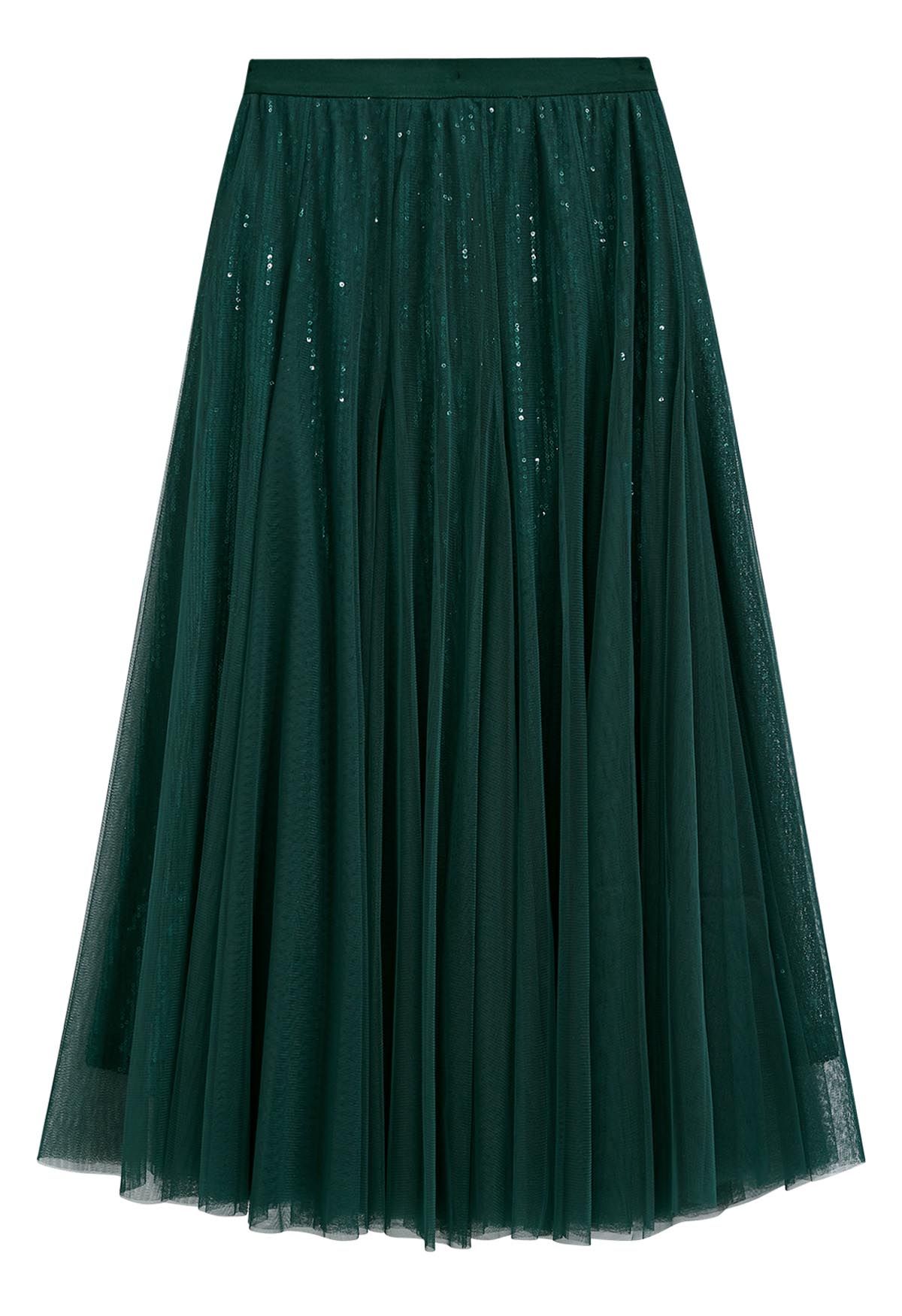 Falda midi de tul y malla con lentejuelas deslumbrantes en verde oscuro