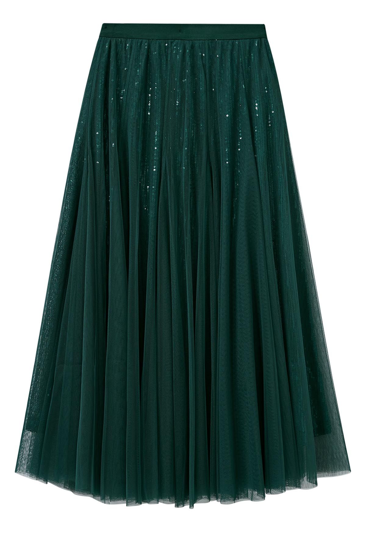 Falda midi de tul y malla con lentejuelas deslumbrantes en verde oscuro