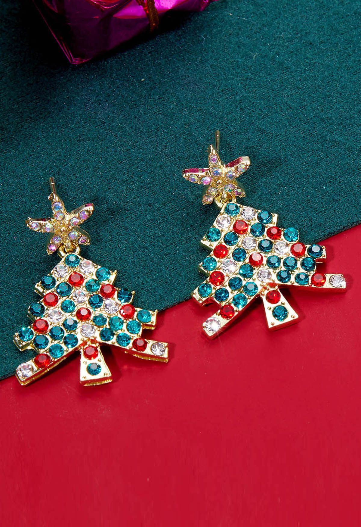 Pendientes colgantes de árbol de Navidad con diamantes de imitación