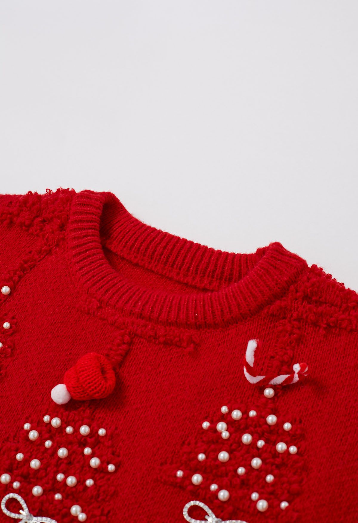 Suéter de punto con lazo en relieve de árbol de Navidad de perlas en rojo