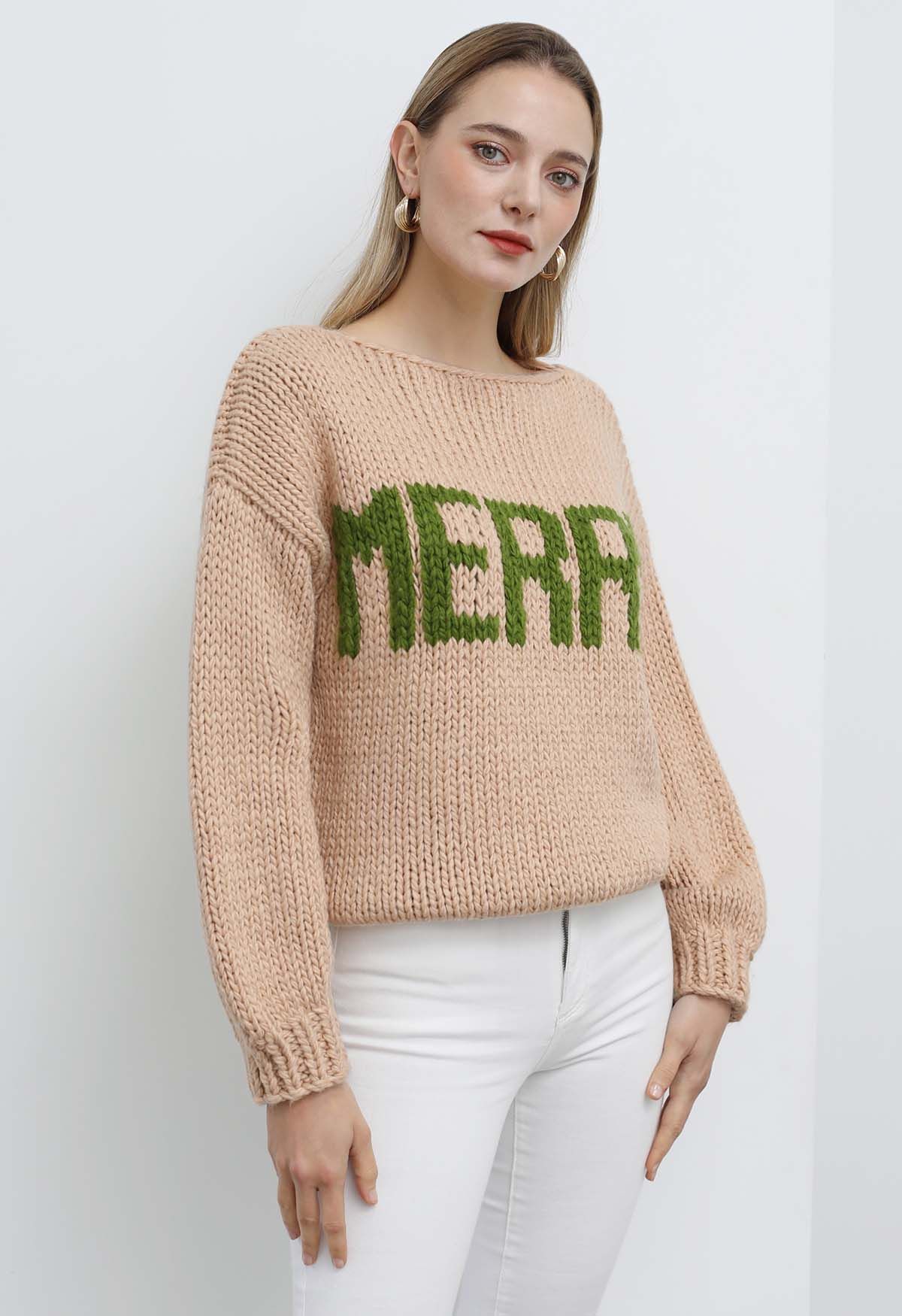 Suéter tejido a mano grueso con cuello barco Merry