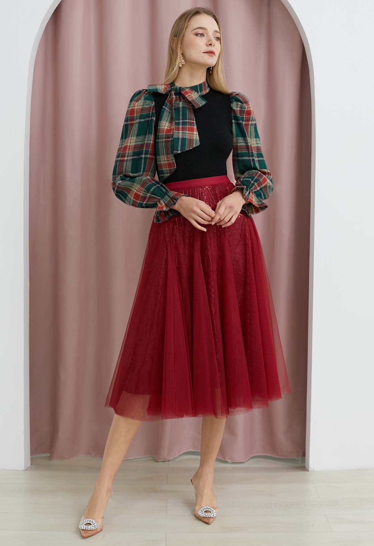 Falda midi de tul y malla con lentejuelas deslumbrantes en rojo