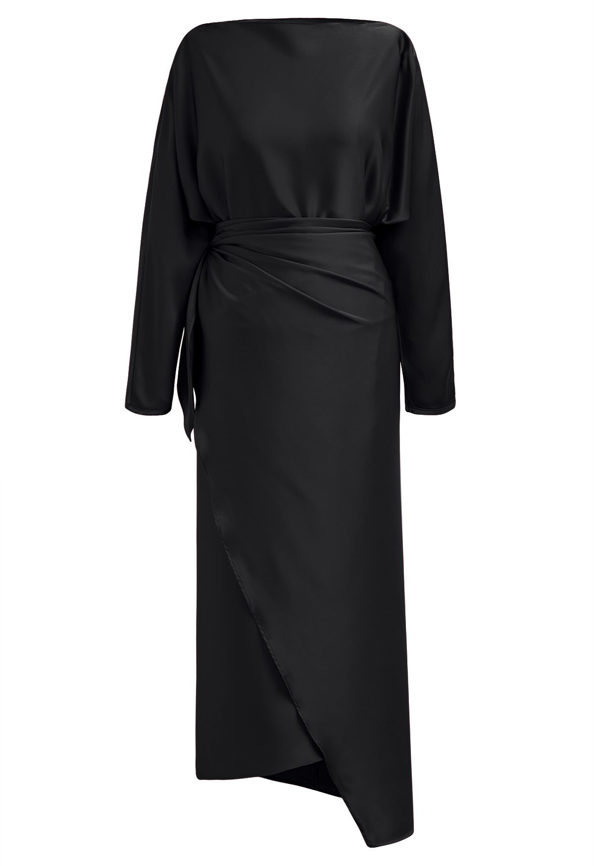 Vestido largo de satén con cuello barco y cintura cruzada en negro