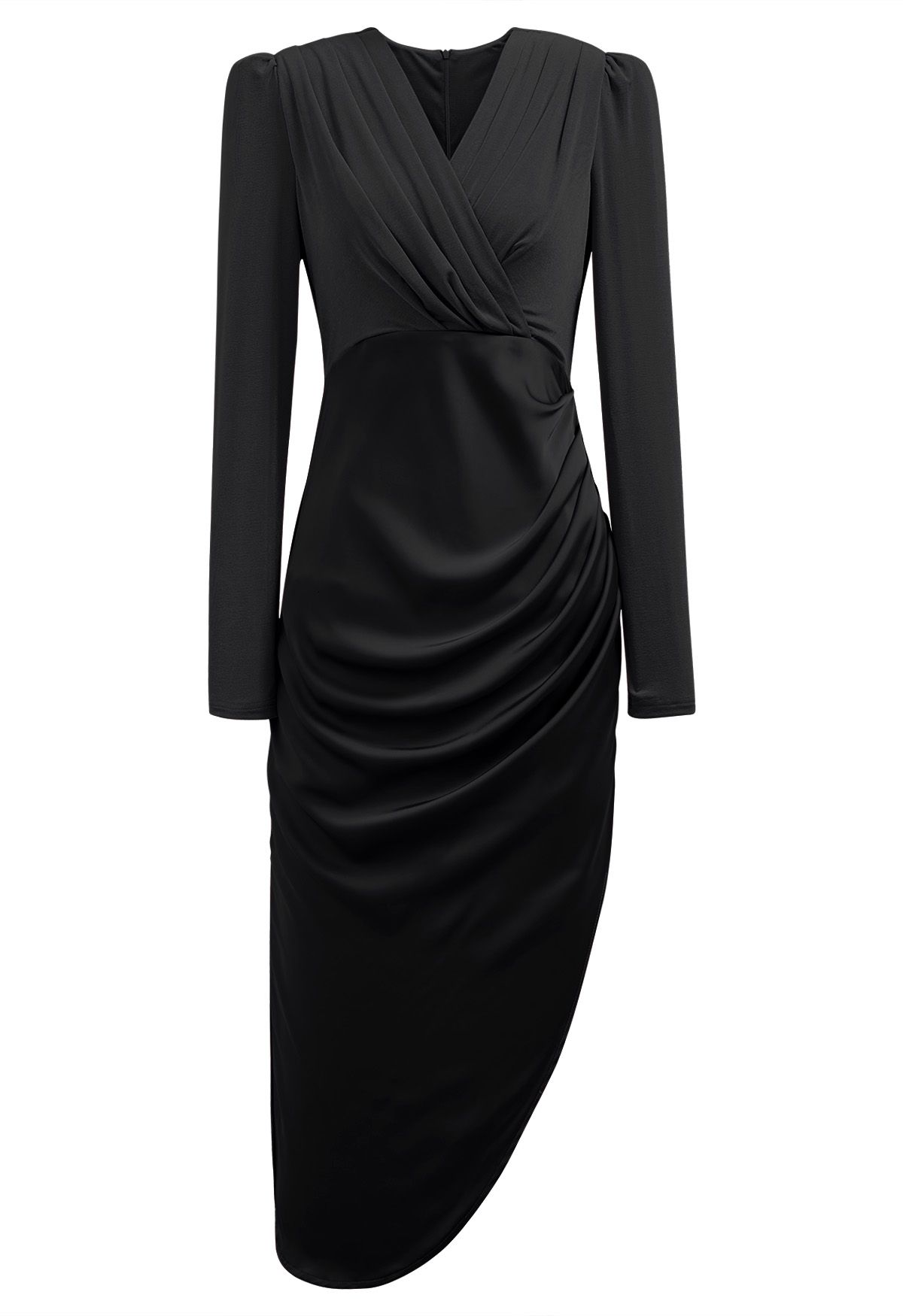 Vestido de satén con dobladillo asimétrico empalmado de terciopelo en negro
