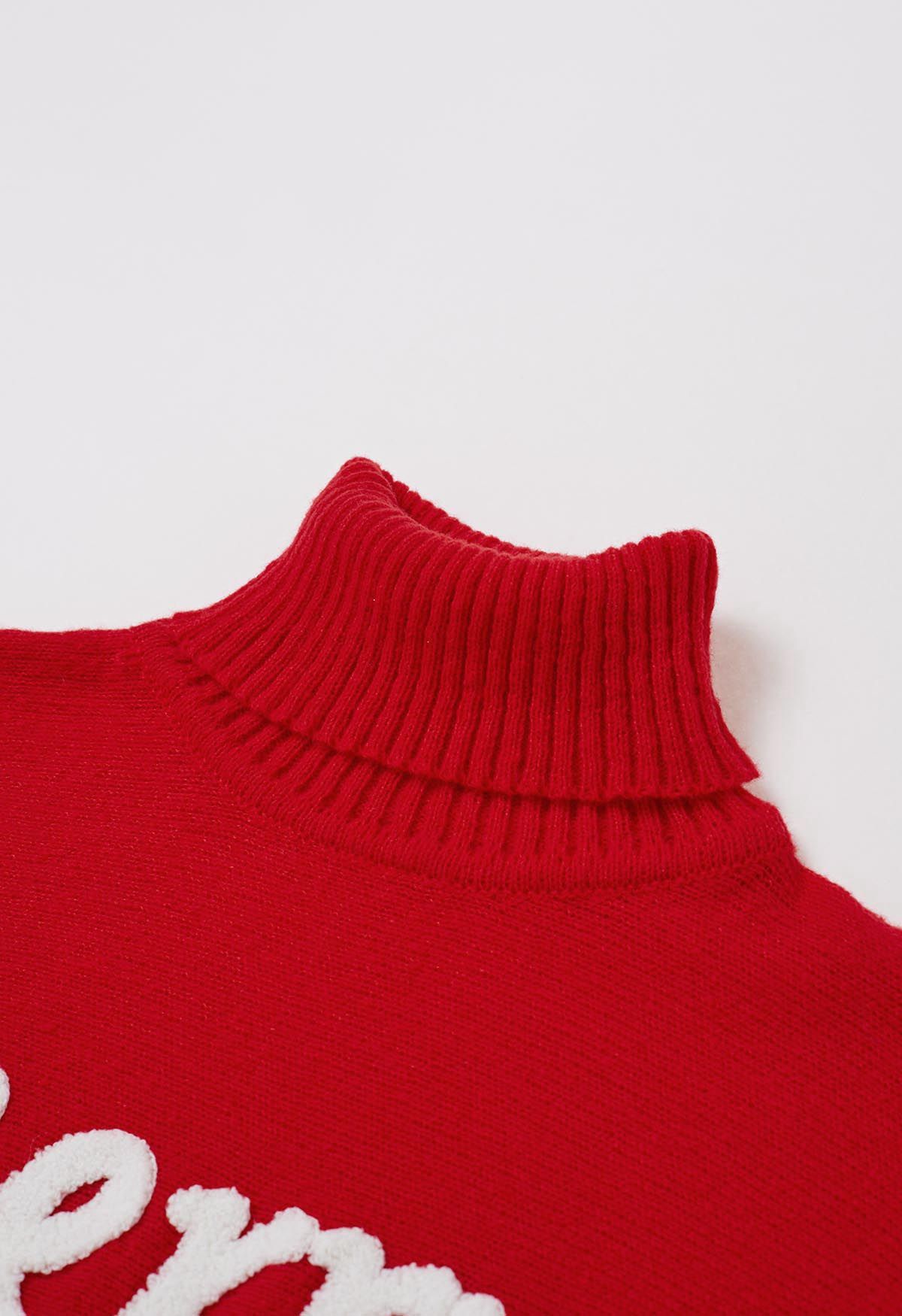 Suéter de punto con manga de murciélago y cuello alto alegre en rojo