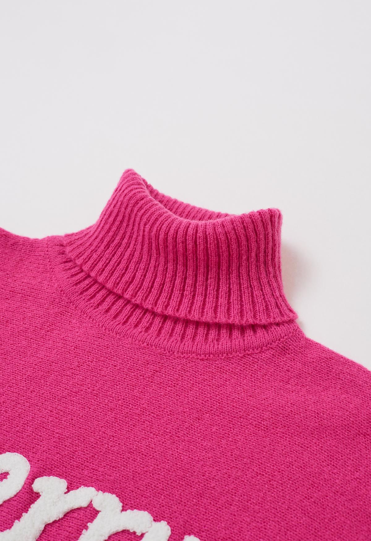 Suéter de punto con mangas de murciélago y cuello alto alegre en rosa fuerte