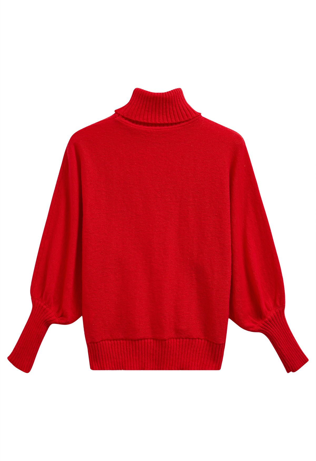 Suéter de punto con manga de murciélago y cuello alto alegre en rojo
