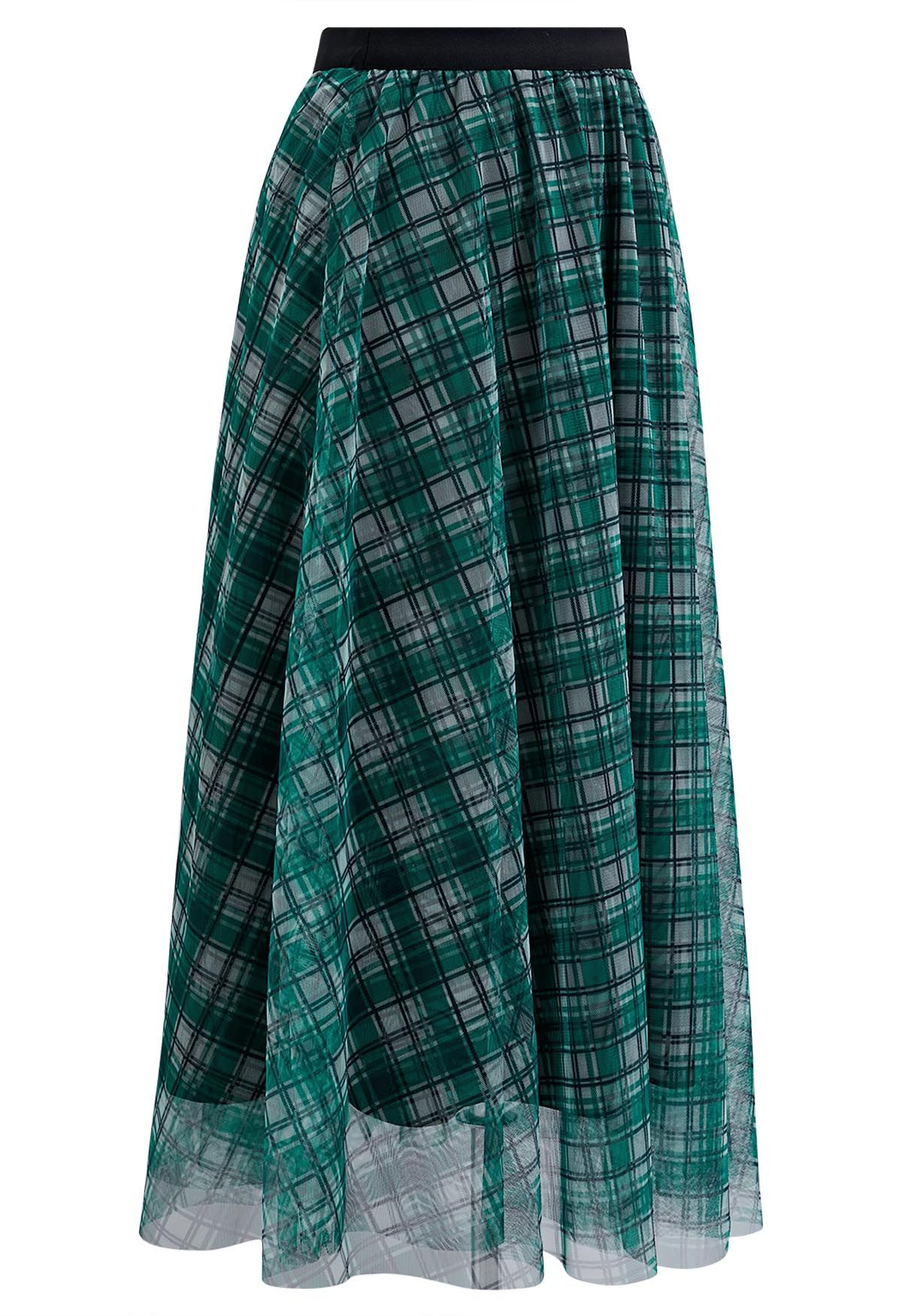 Falda midi de tul de tartán verde oscuro
