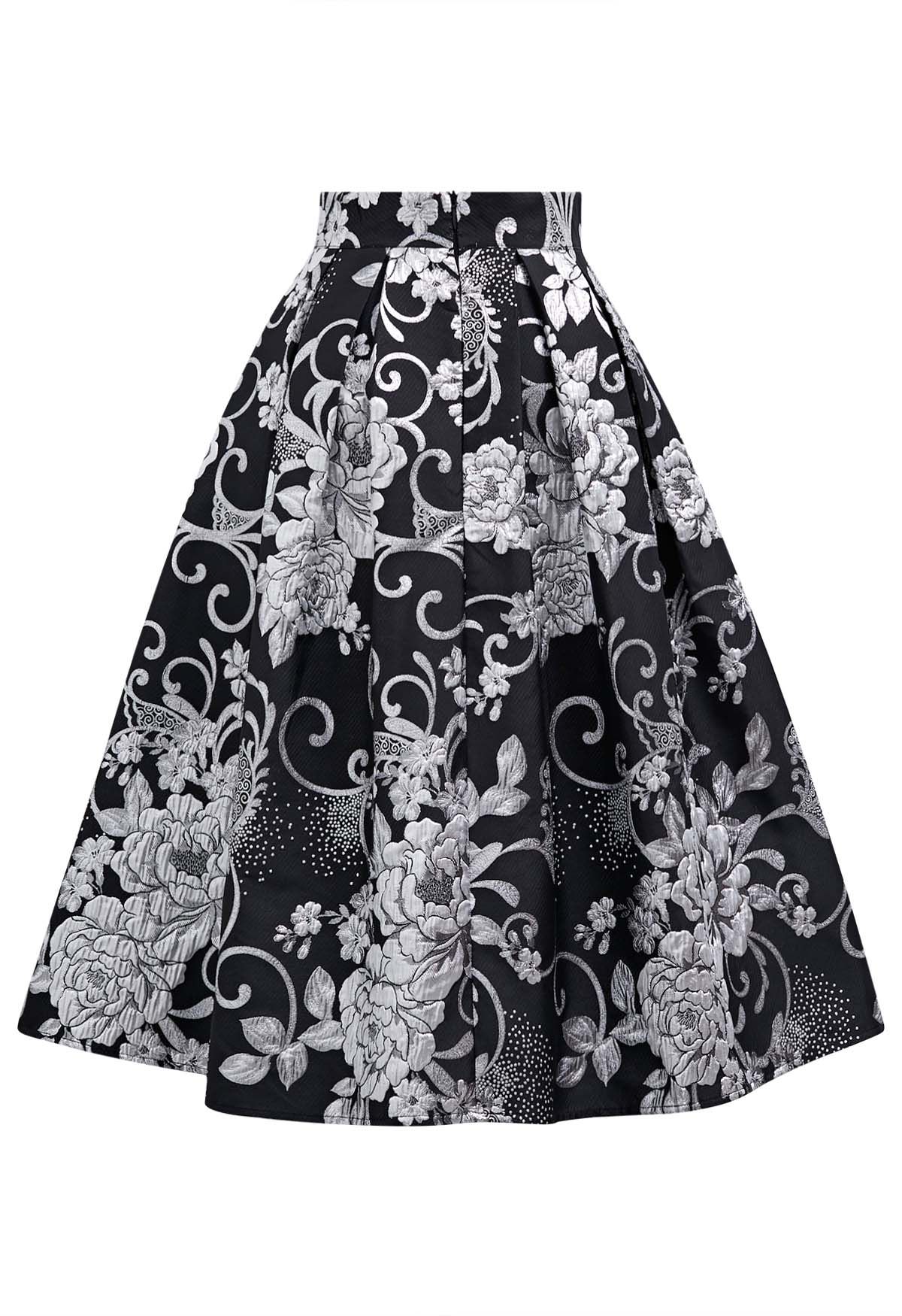 Falda midi plisada de corte A de jacquard fluorescente en negro