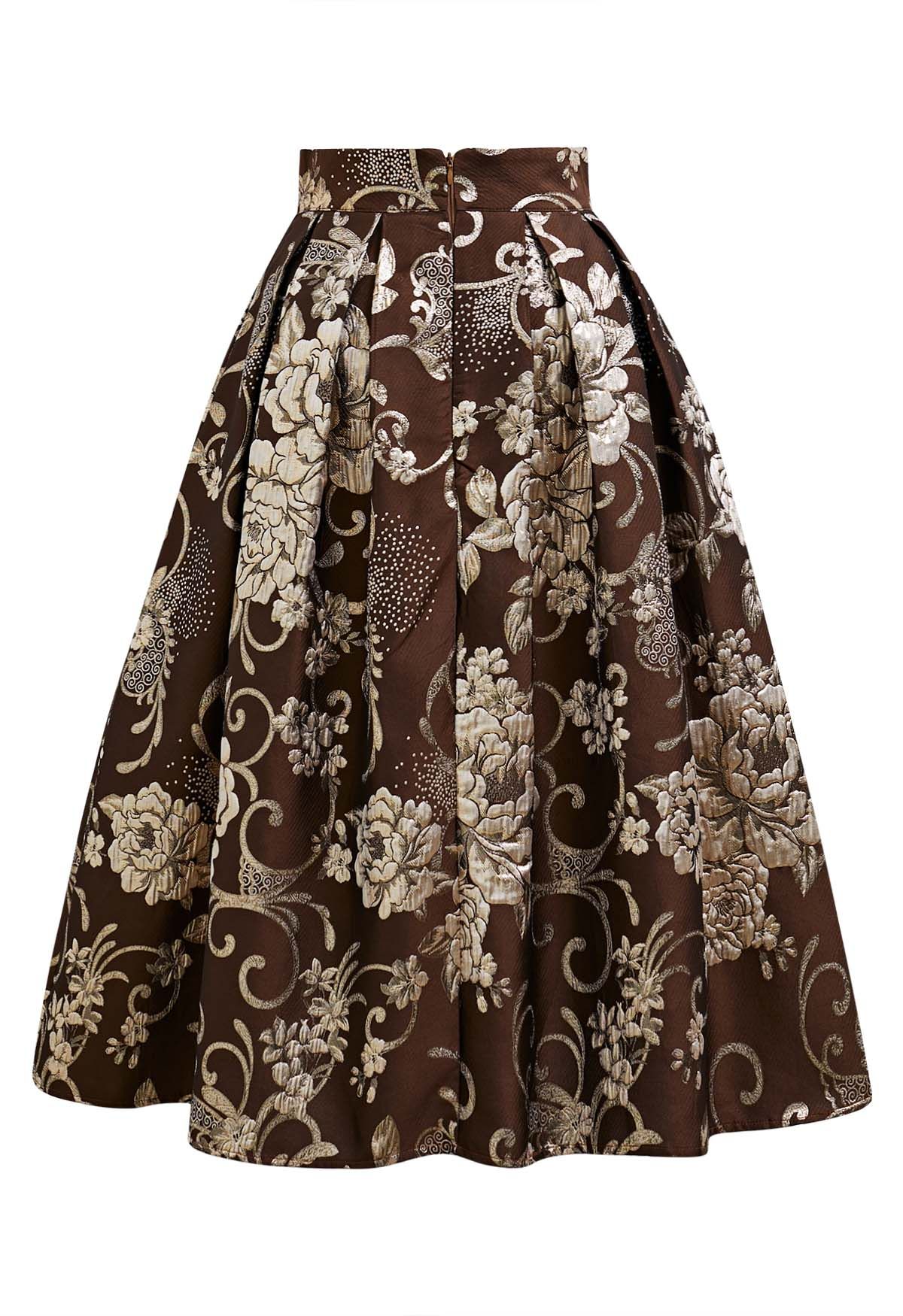 Falda midi plisada de corte A de jacquard fluorescente en marrón