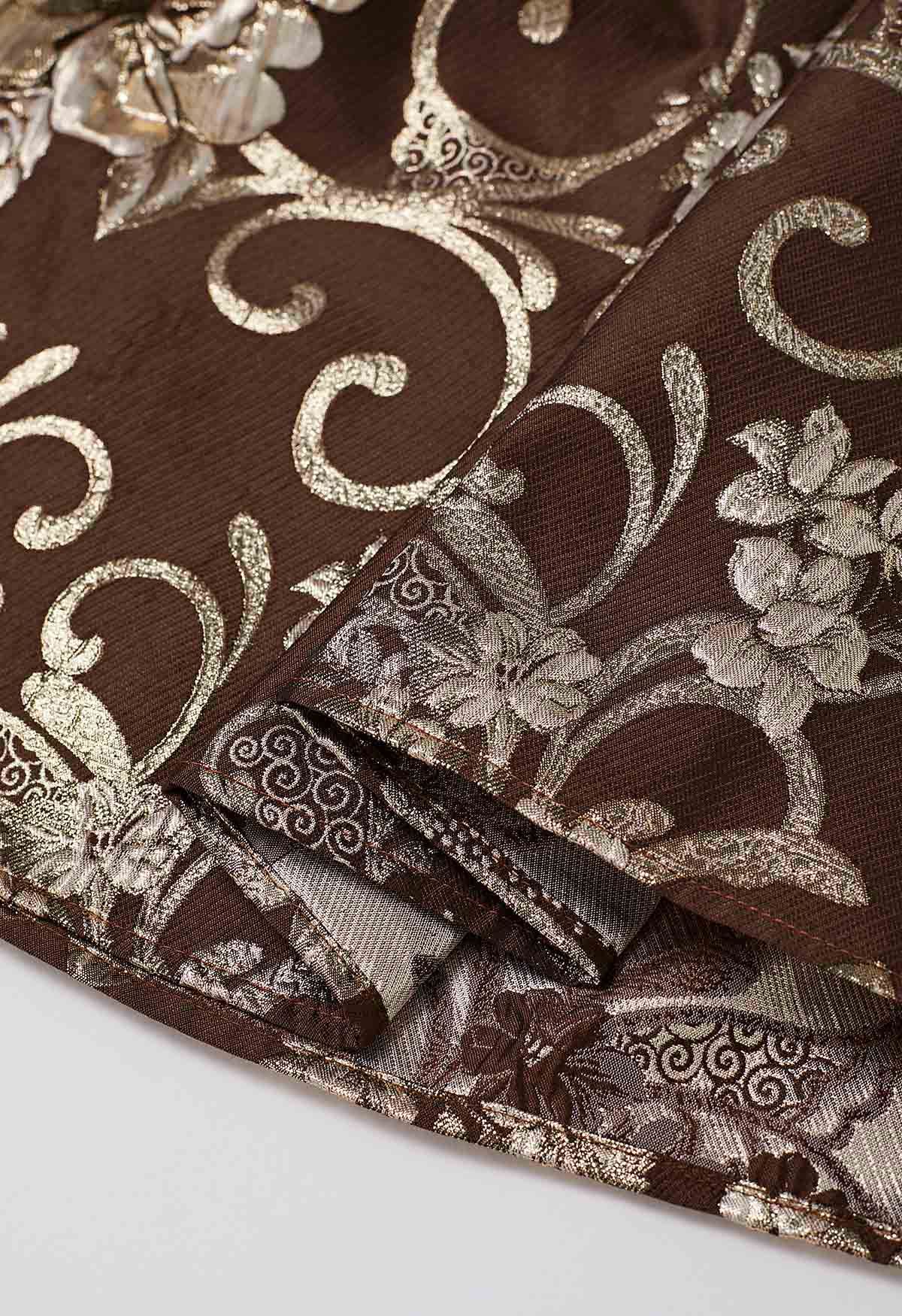 Falda midi plisada de corte A de jacquard fluorescente en marrón