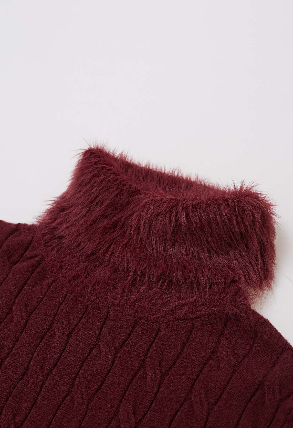Suéter de punto de ochos con cuello alto y suave en color burdeos