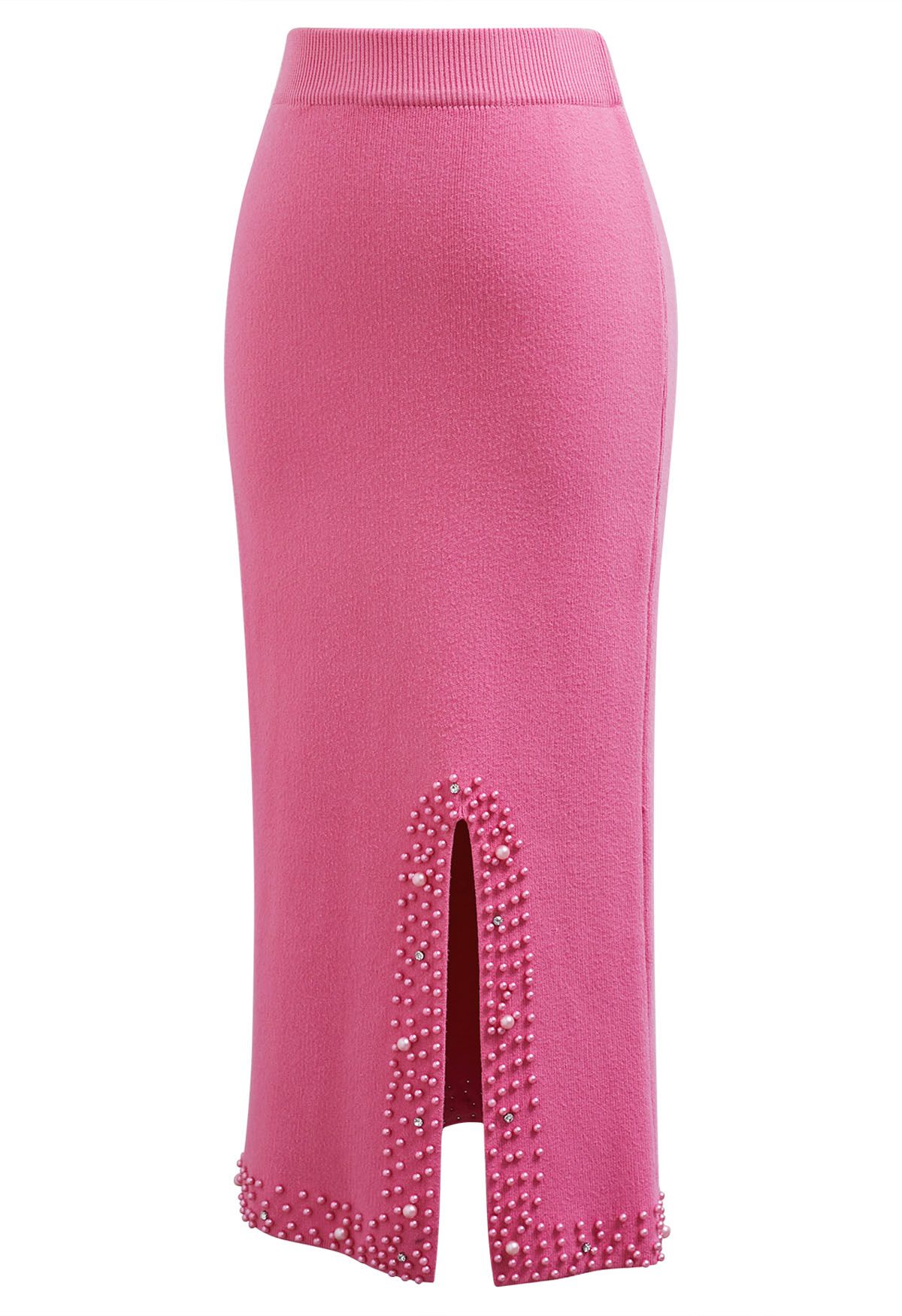 Falda lápiz de punto con dobladillo con abertura y adornos de perlas en rosa fuerte