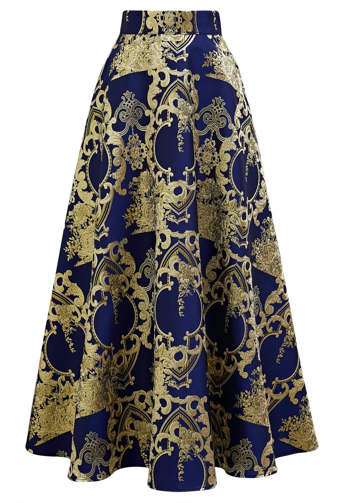 Falda larga de jacquard barroco con hilo metálico en azul marino de Glamorous
