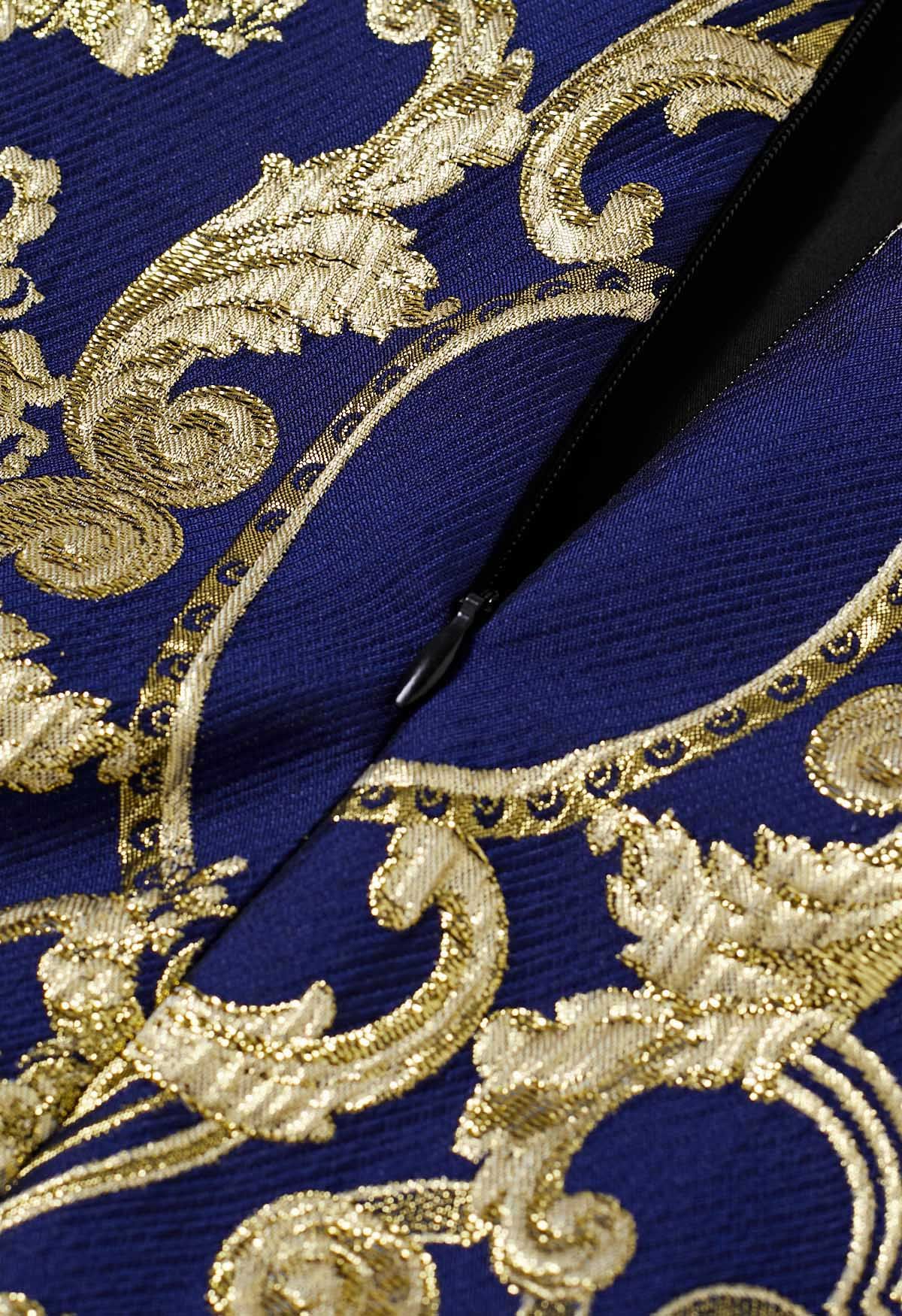 Falda larga de jacquard barroco con hilo metálico en azul marino de Glamorous