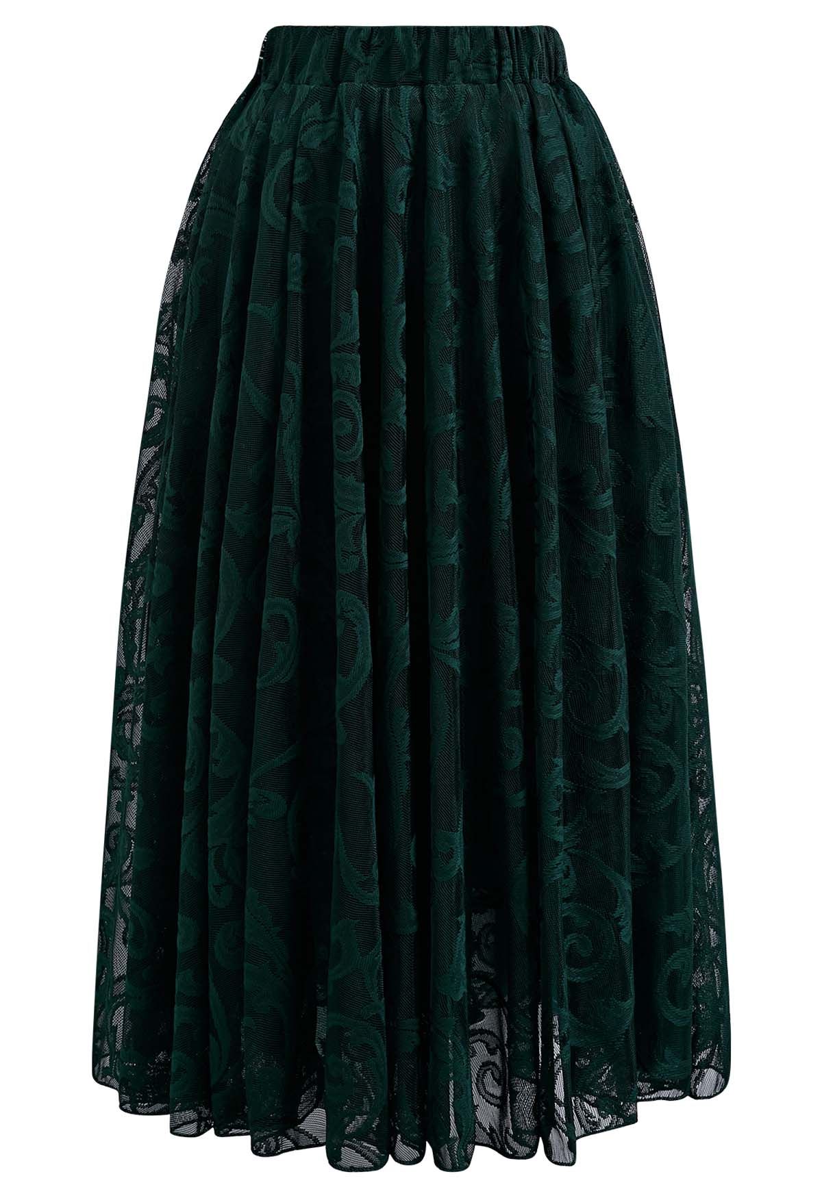 Falda midi de tul de malla floral sofisticada en verde oscuro