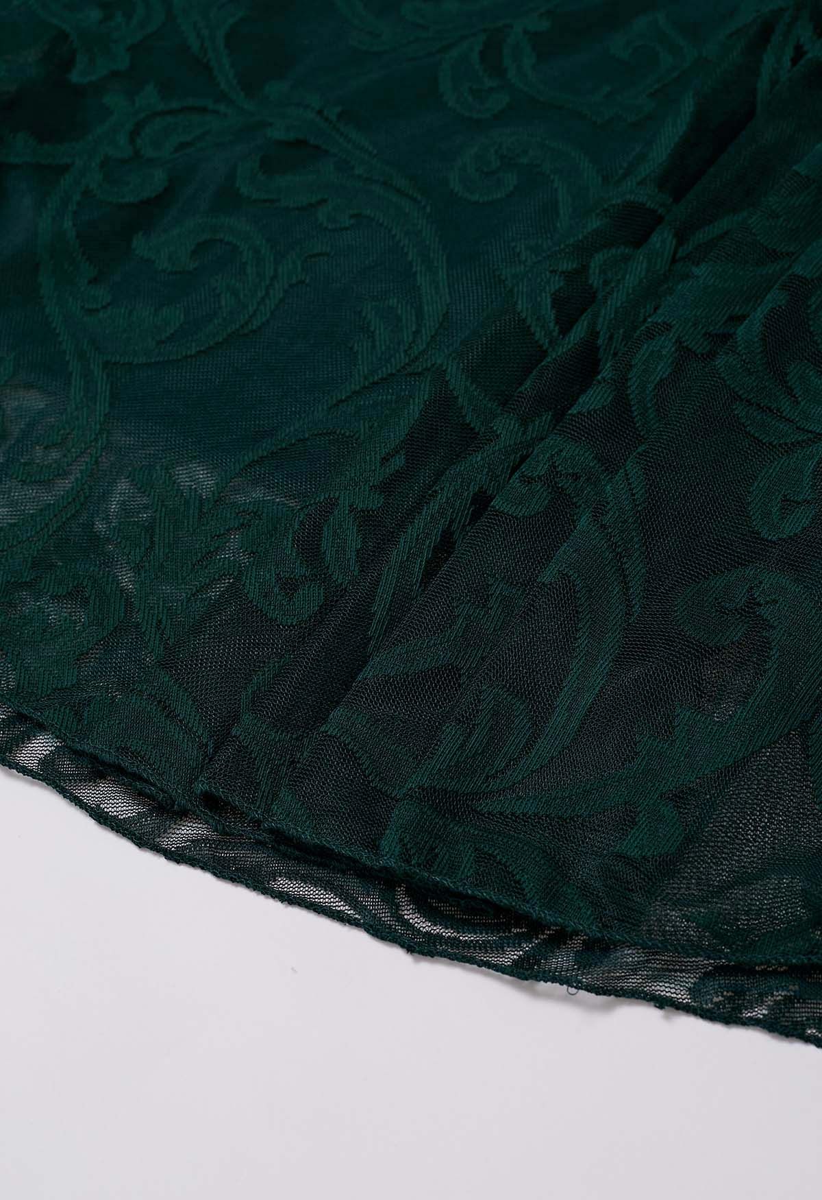 Falda midi de tul de malla floral sofisticada en verde oscuro