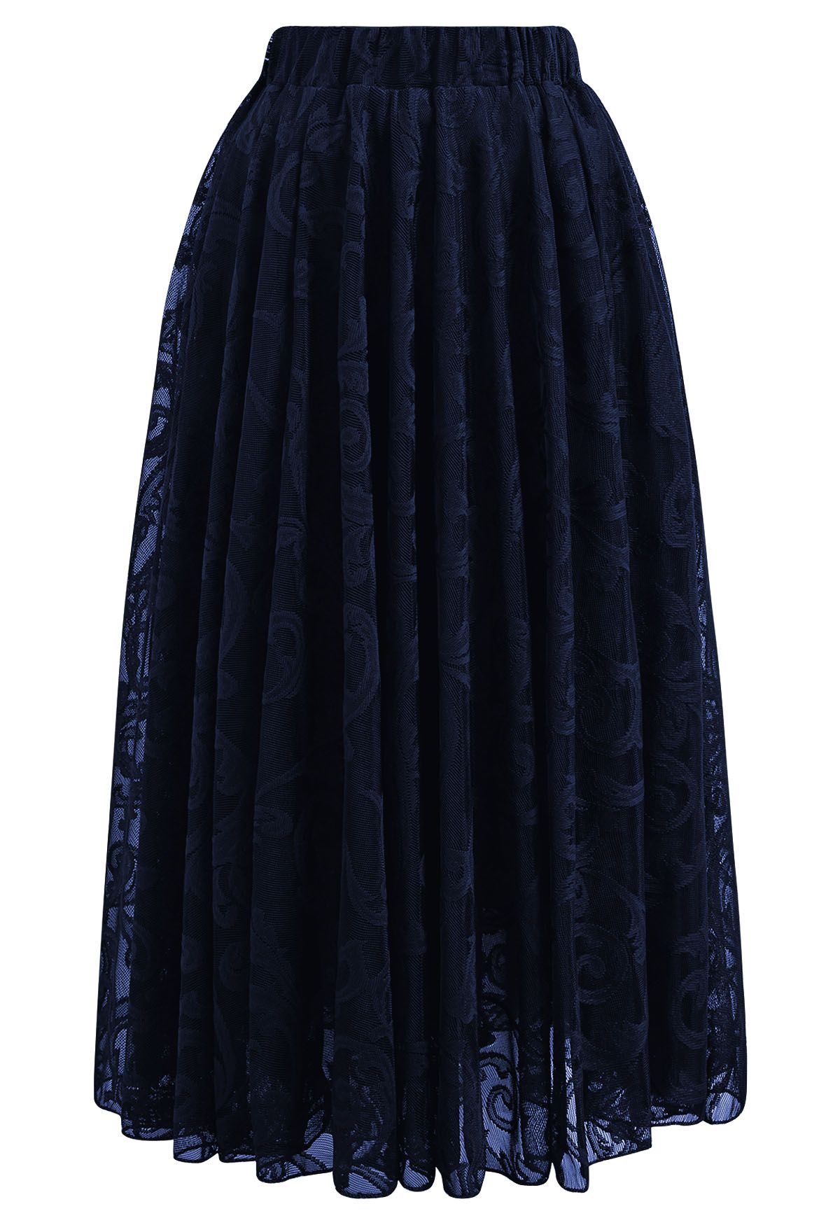 Falda midi de tul de malla floral sofisticada en azul marino
