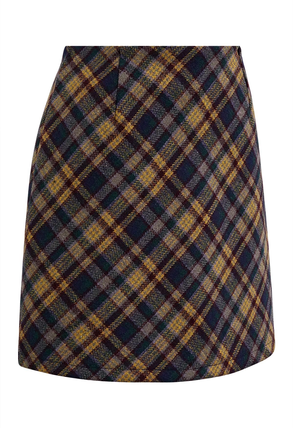 Minifalda Bud retro de mezcla de lana a cuadros en amarillo